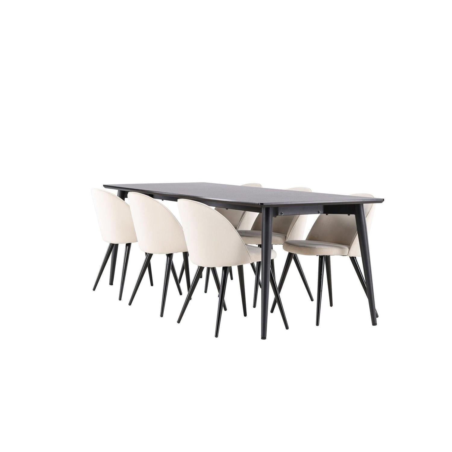 Essgruppe Esstisch Ellis 230*85cm mit Stühlen Velvet aus Samt - Schwarz/Beige-Essgruppen Rechteckig-Venture Home-le canapé