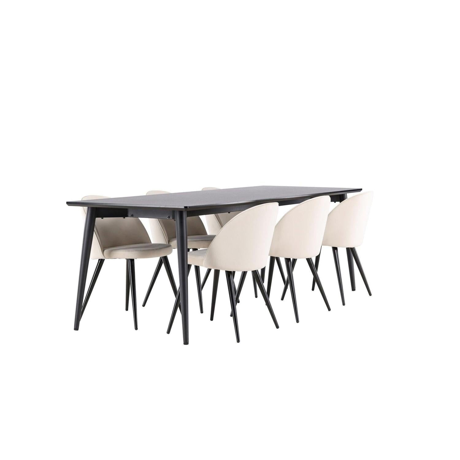 Essgruppe Esstisch Ellis 230*85cm mit Stühlen Velvet aus Samt - Schwarz/Beige-Essgruppen Rechteckig-Venture Home-le canapé
