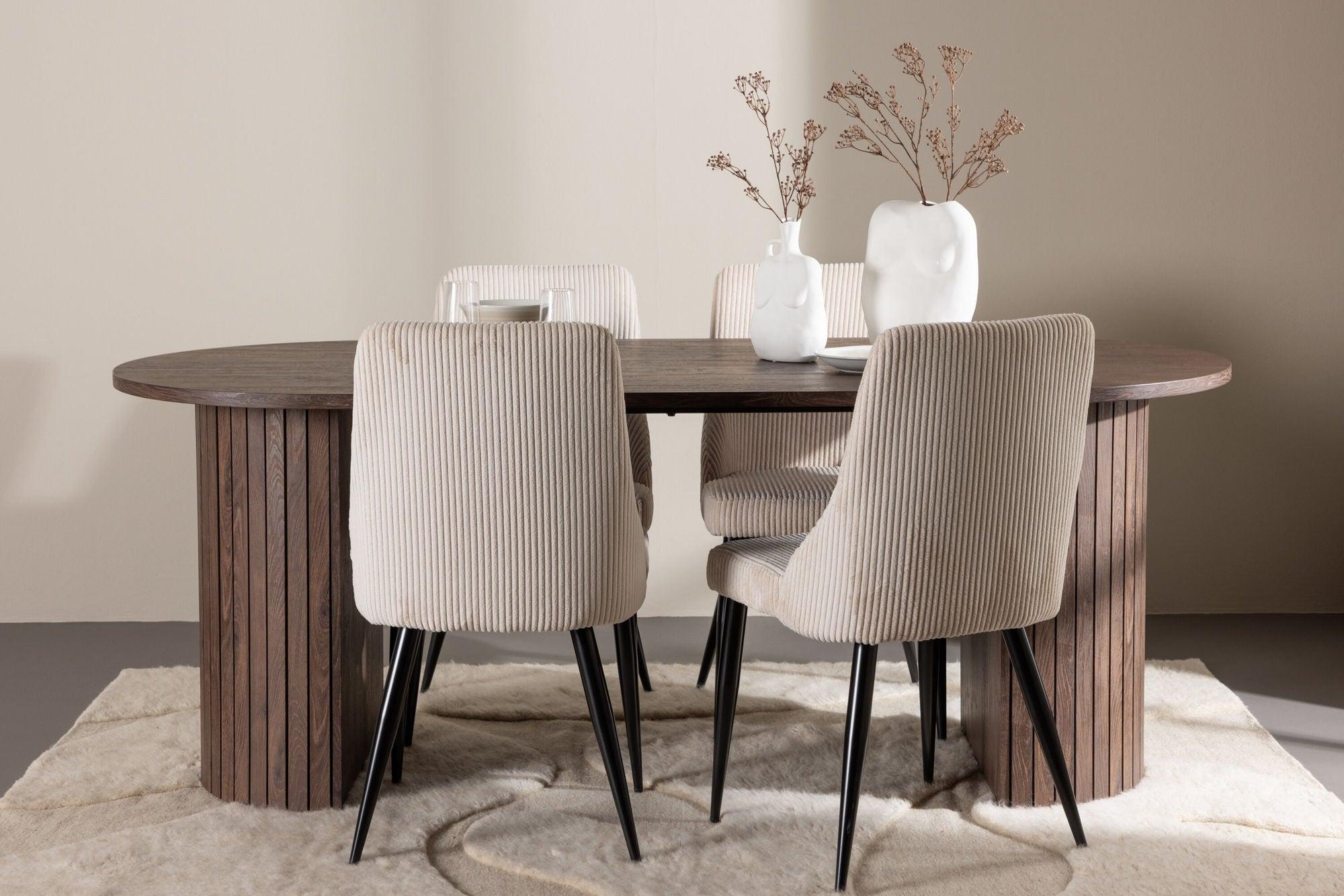 Essgruppe Esstisch Härön 200*90cm mit Stühlen Leone aus Kord - Mokka/Beige-Essgruppen Oval-Venture Home-le canapé