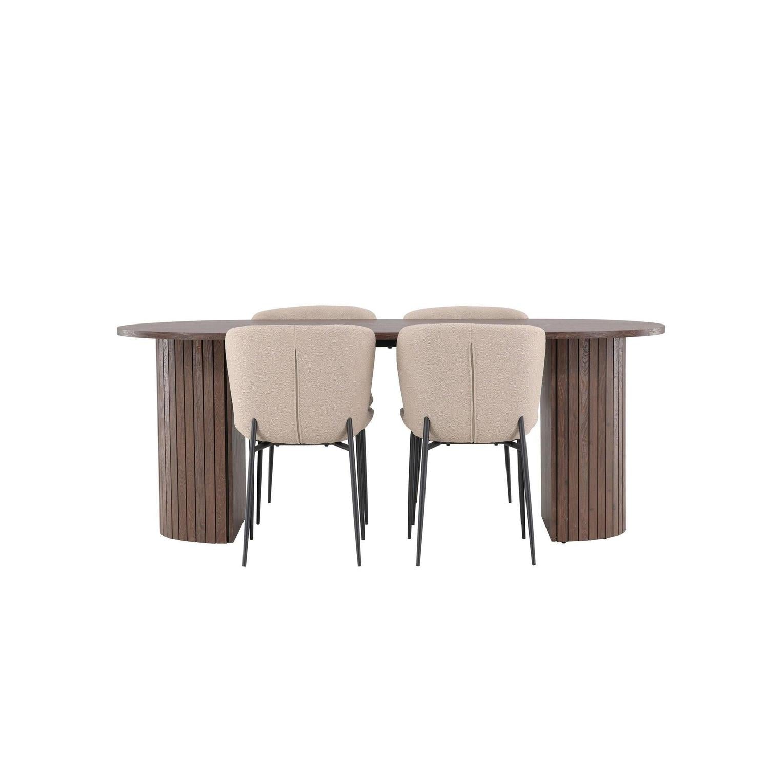 Essgruppe Esstisch Härön 200*90cm mit Stühlen Modesto aus Teddy-Bouclé - Mokka/Beige-Essgruppen Oval-Venture Home-le canapé