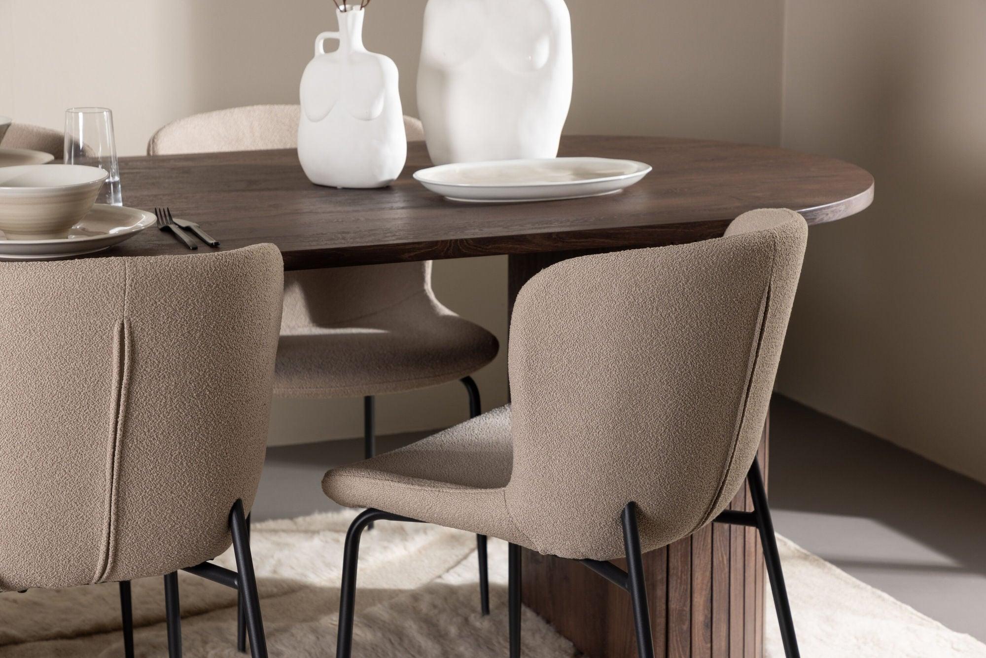 Essgruppe Esstisch Härön 200*90cm mit Stühlen Modesto aus Teddy-Bouclé - Mokka/Beige-Essgruppen Oval-Venture Home-le canapé