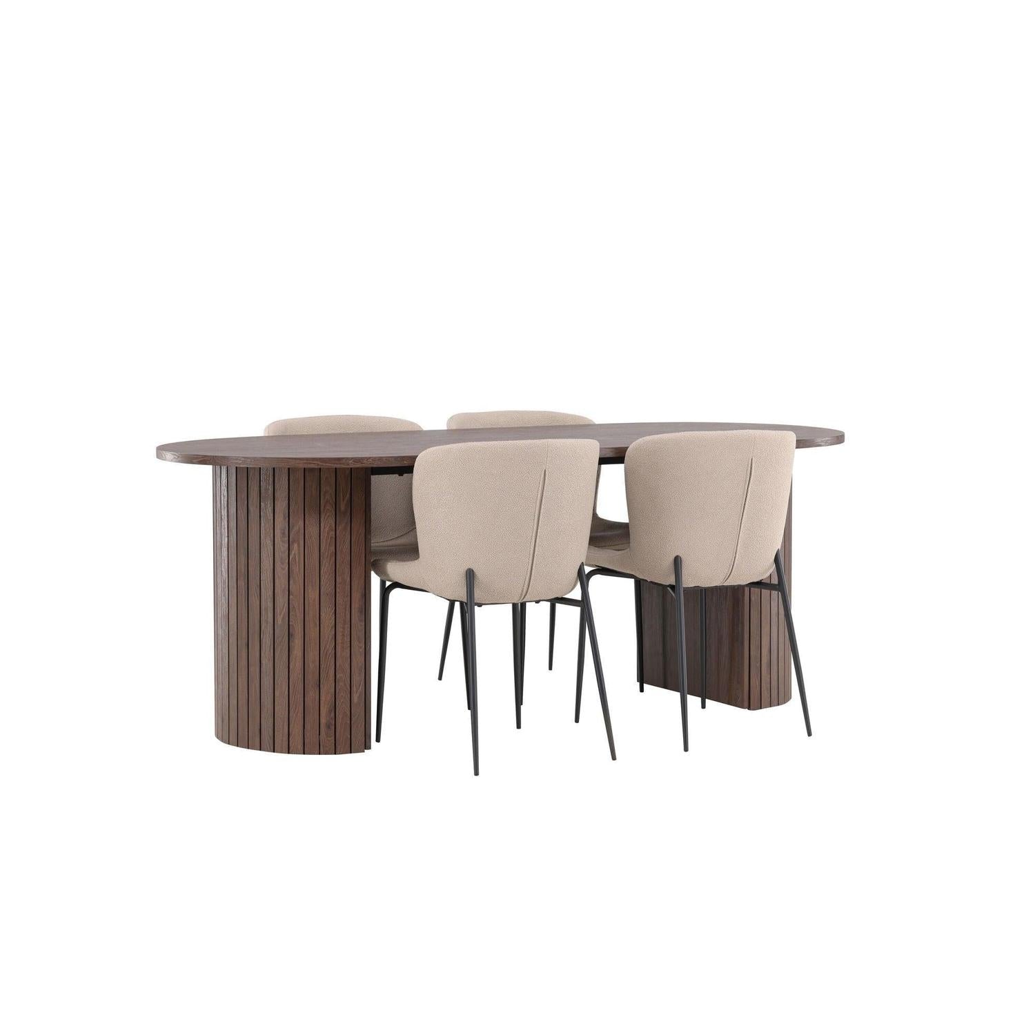 Essgruppe Esstisch Härön 200*90cm mit Stühlen Modesto aus Teddy-Bouclé - Mokka/Beige-Essgruppen Oval-Venture Home-le canapé