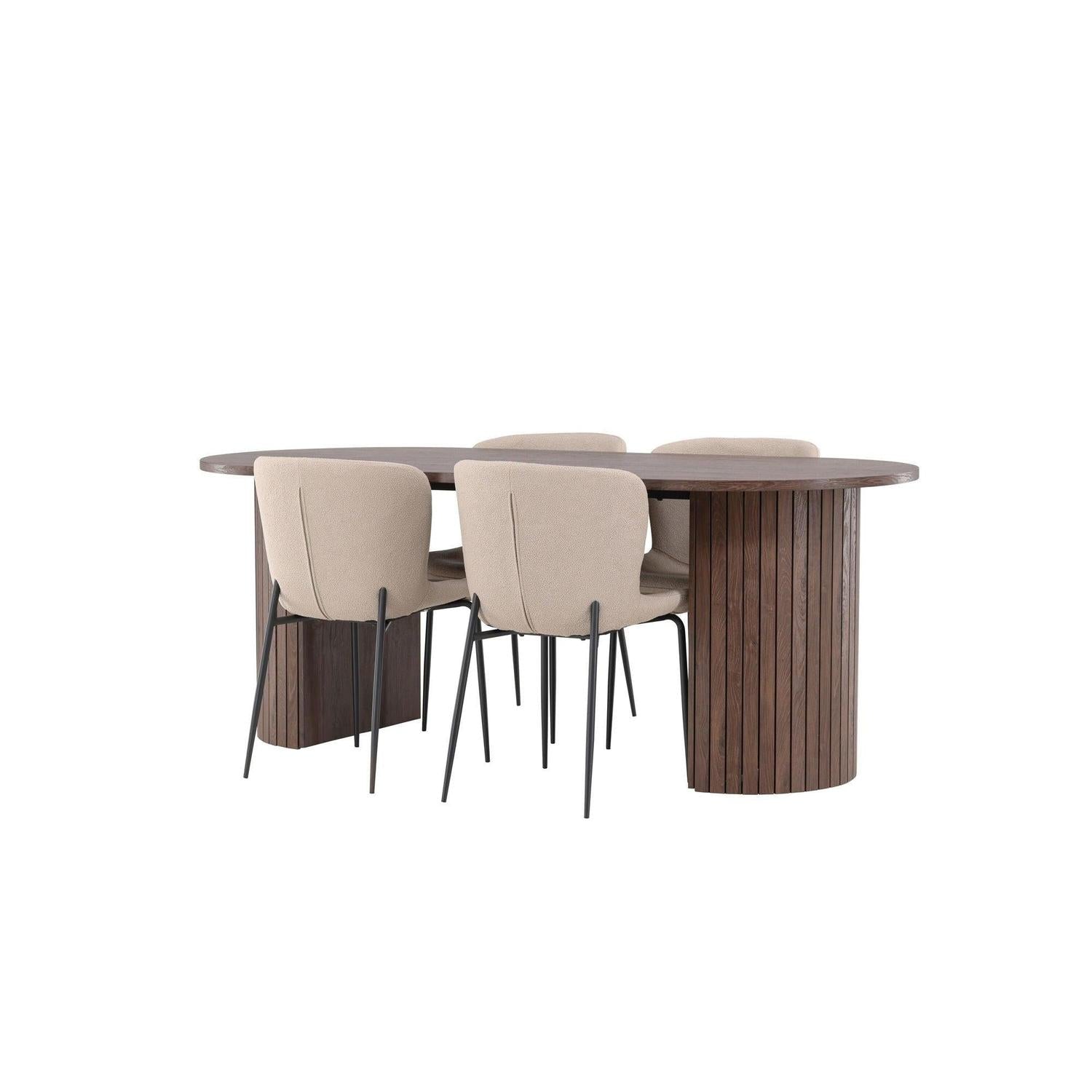 Essgruppe Esstisch Härön 200*90cm mit Stühlen Modesto aus Teddy-Bouclé - Mokka/Beige-Essgruppen Oval-Venture Home-le canapé