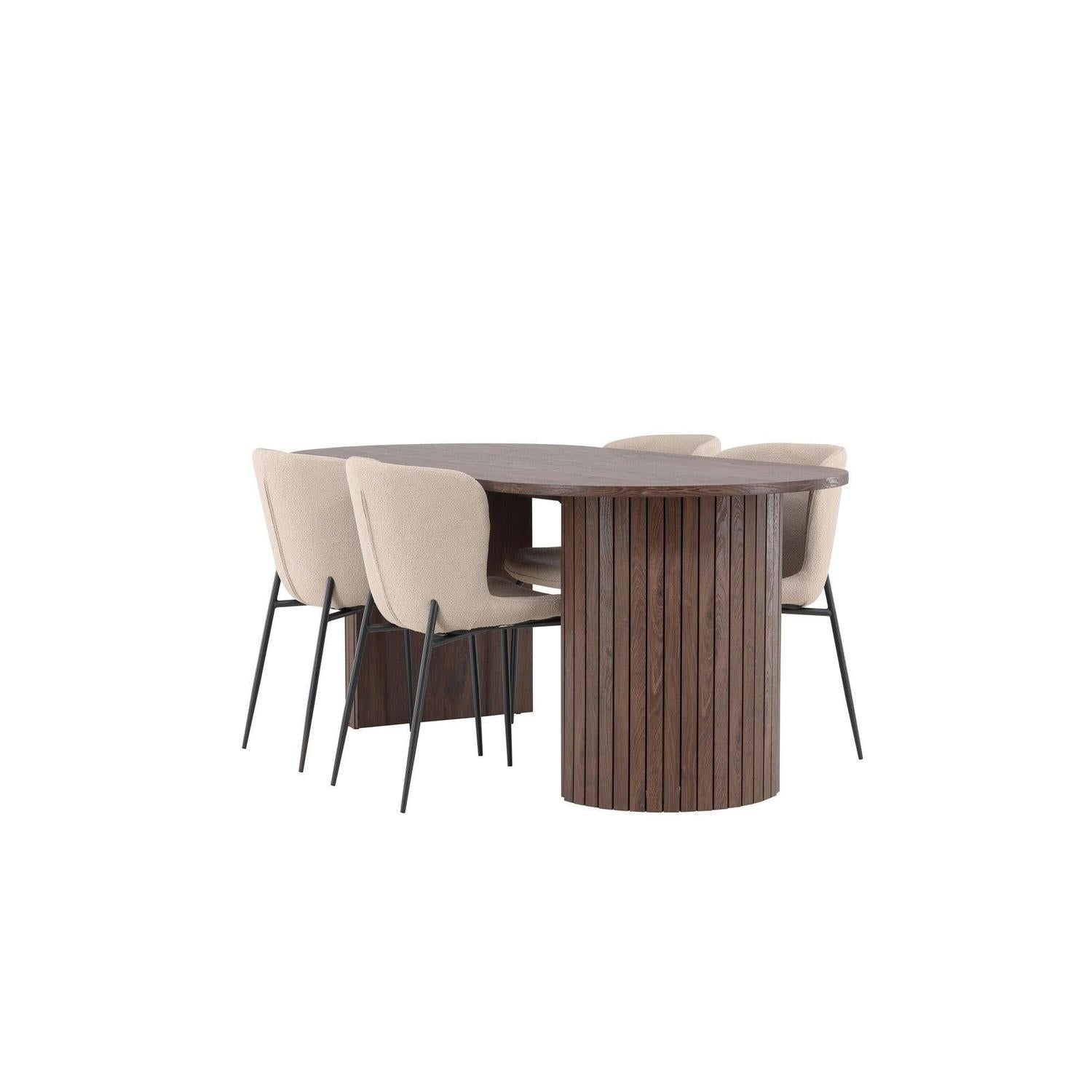 Essgruppe Esstisch Härön 200*90cm mit Stühlen Modesto aus Teddy-Bouclé - Mokka/Beige-Essgruppen Oval-Venture Home-le canapé