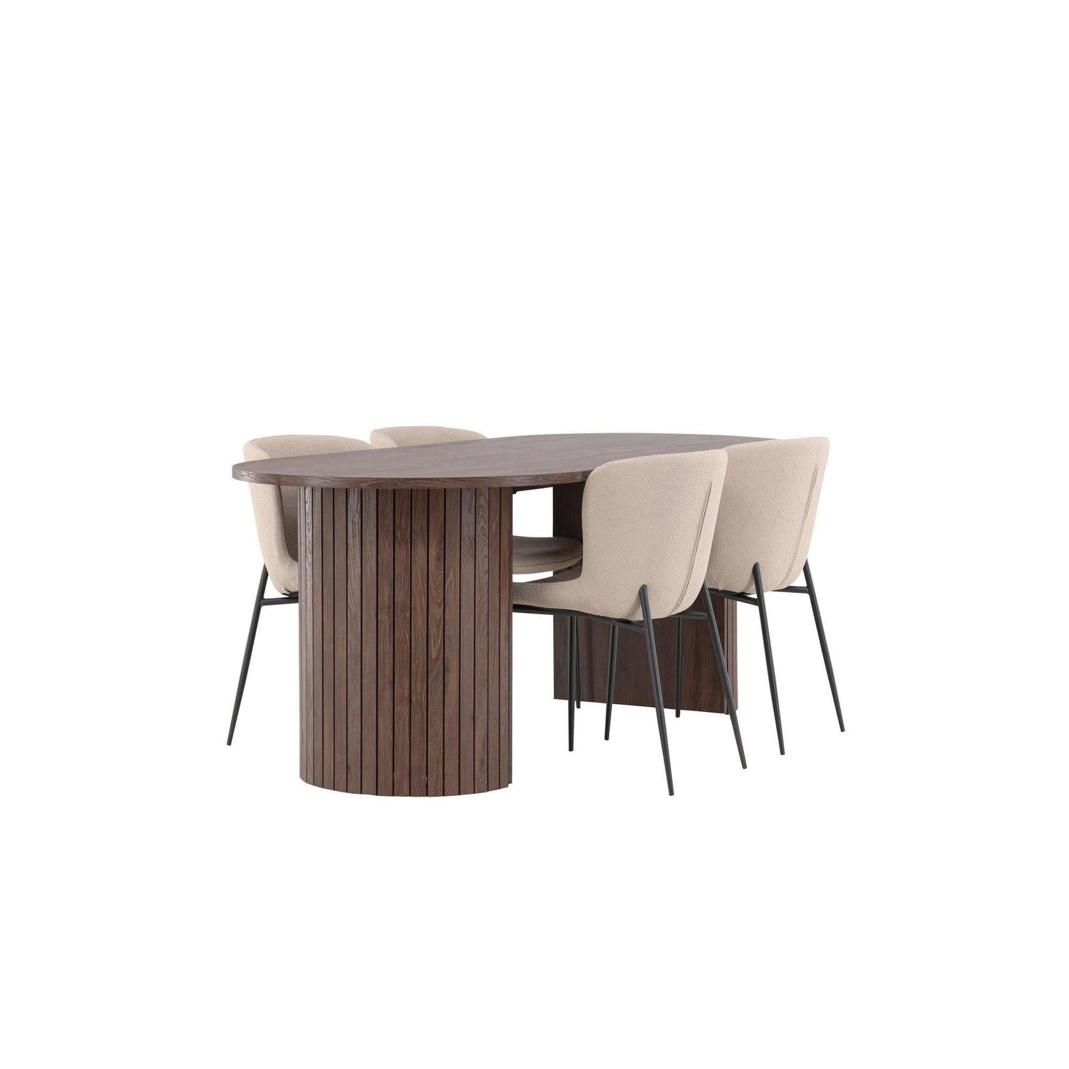 Essgruppe Esstisch Härön 200*90cm mit Stühlen Modesto aus Teddy-Bouclé - Mokka/Beige-Essgruppen Oval-Venture Home-le canapé