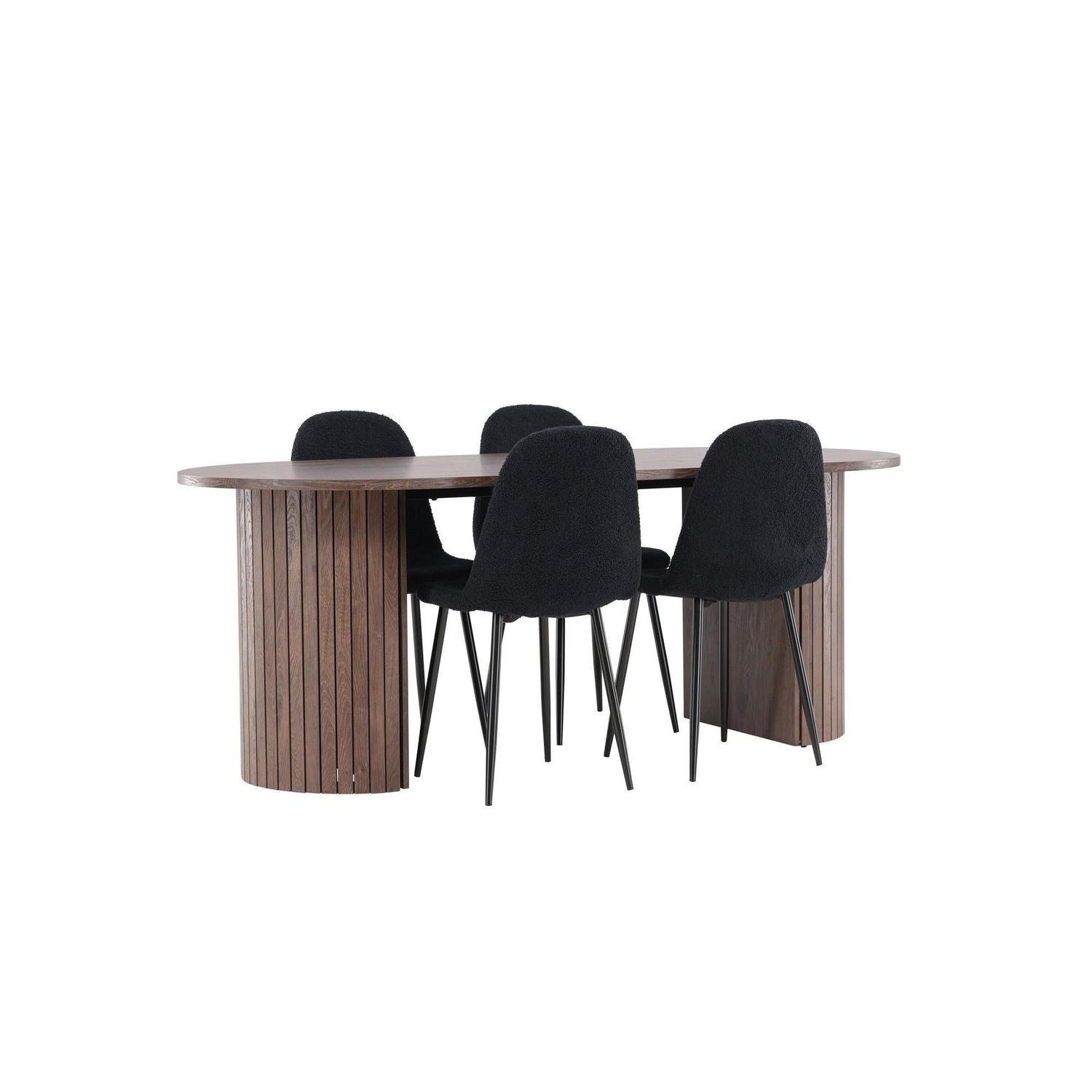 Essgruppe Esstisch Härön 200*90cm mit Stühlen Polar aus Teddy-Bouclé - Mokka/Schwarz-Essgruppe Oval-Venture Home-le canapé