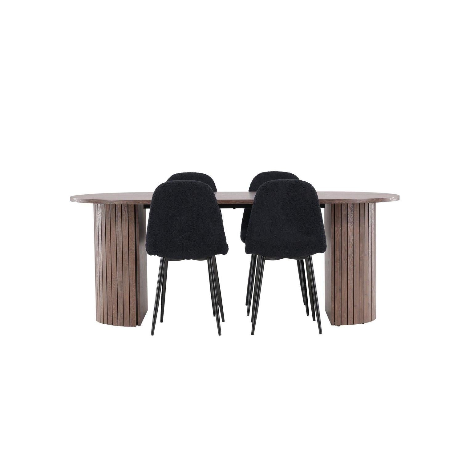 Essgruppe Esstisch Härön 200*90cm mit Stühlen Polar aus Teddy-Bouclé - Mokka/Schwarz-Essgruppe Oval-Venture Home-le canapé