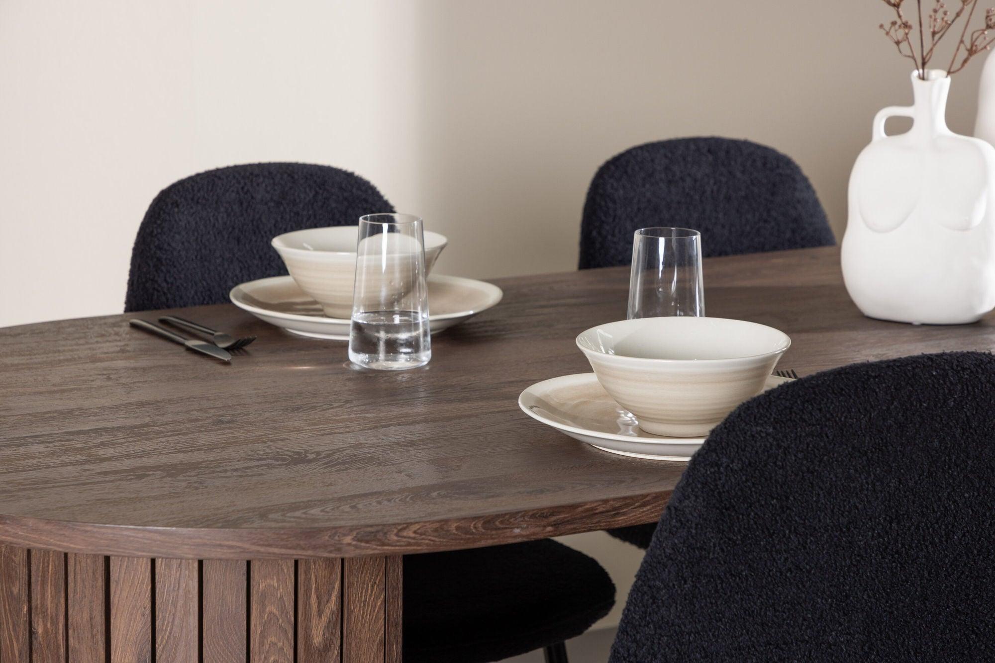 Essgruppe Esstisch Härön 200*90cm mit Stühlen Polar aus Teddy-Bouclé - Mokka/Schwarz-Essgruppe Oval-Venture Home-le canapé