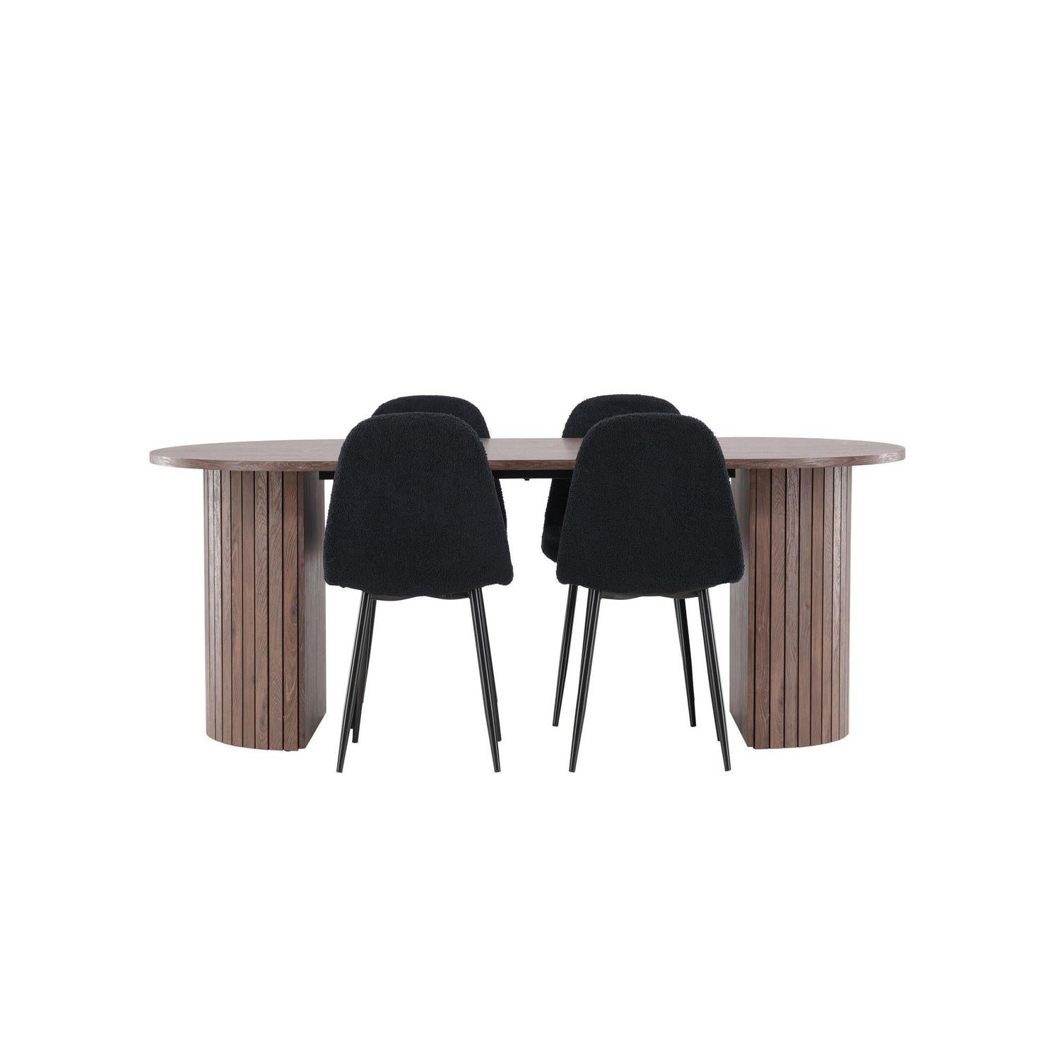 Essgruppe Esstisch Härön 200*90cm mit Stühlen Polar aus Teddy-Bouclé - Mokka/Schwarz-Essgruppe Oval-Venture Home-le canapé