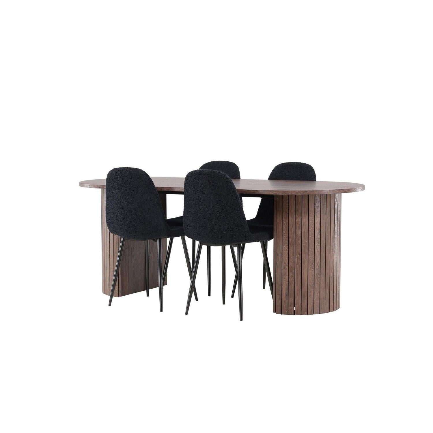 Essgruppe Esstisch Härön 200*90cm mit Stühlen Polar aus Teddy-Bouclé - Mokka/Schwarz-Essgruppe Oval-Venture Home-le canapé