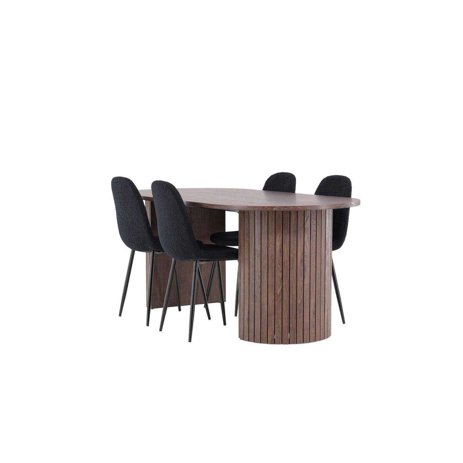 Essgruppe Esstisch Härön 200*90cm mit Stühlen Polar aus Teddy-Bouclé - Mokka/Schwarz-Essgruppe Oval-Venture Home-le canapé