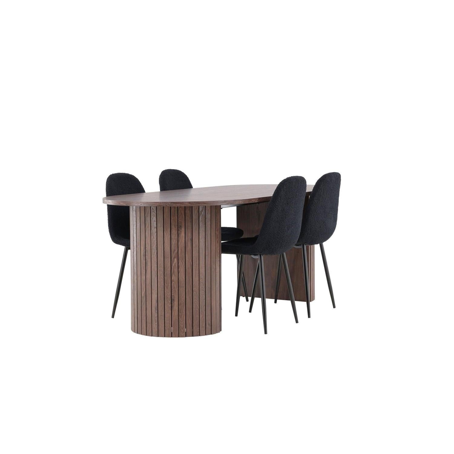 Essgruppe Esstisch Härön 200*90cm mit Stühlen Polar aus Teddy-Bouclé - Mokka/Schwarz-Essgruppen Oval-Venture Home-le canapé