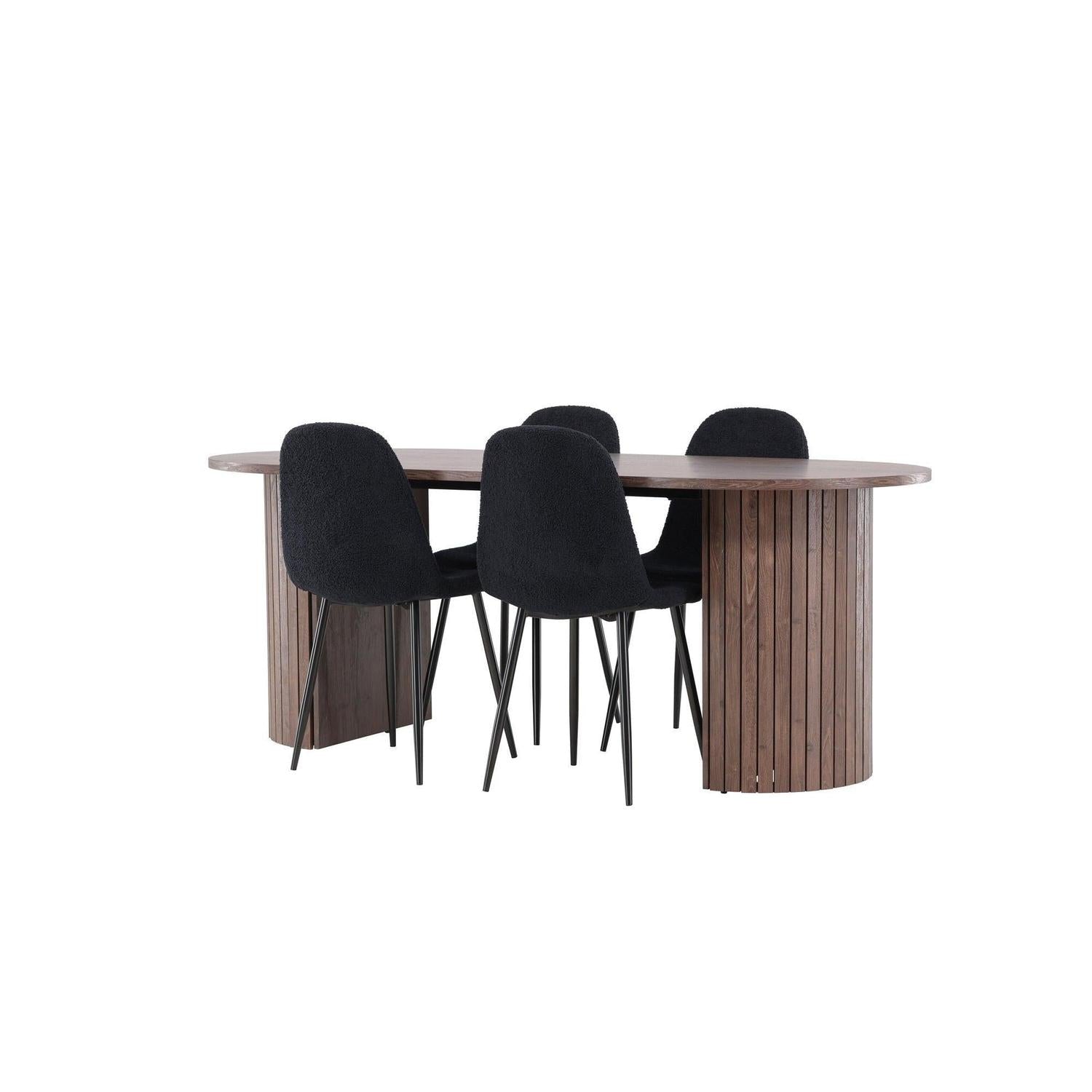 Essgruppe Esstisch Härön 200*90cm mit Stühlen Polar aus Teddy-Bouclé - Mokka/Schwarz-Essgruppen Oval-Venture Home-le canapé