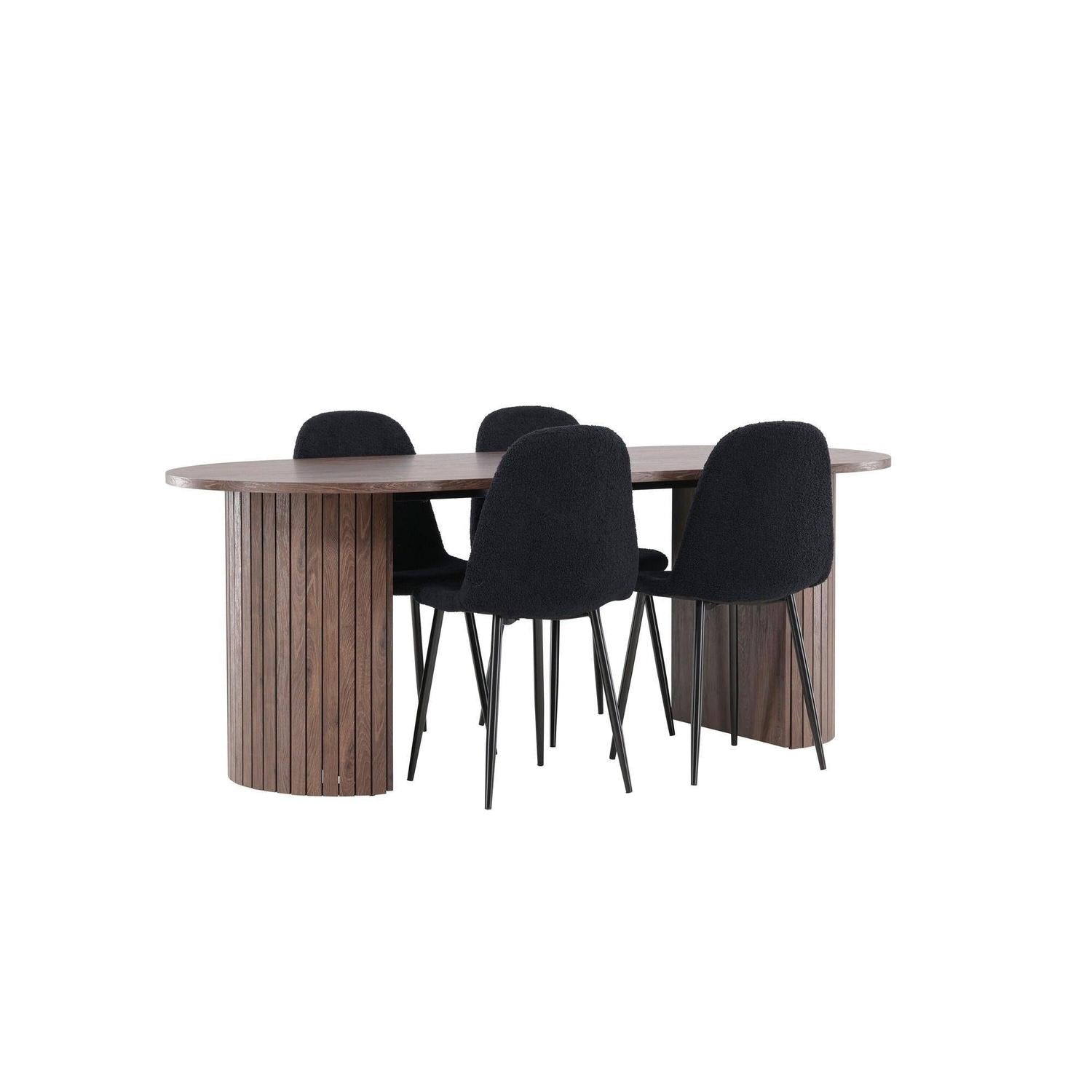 Essgruppe Esstisch Härön 200*90cm mit Stühlen Polar aus Teddy-Bouclé - Mokka/Schwarz-Essgruppen Oval-Venture Home-le canapé