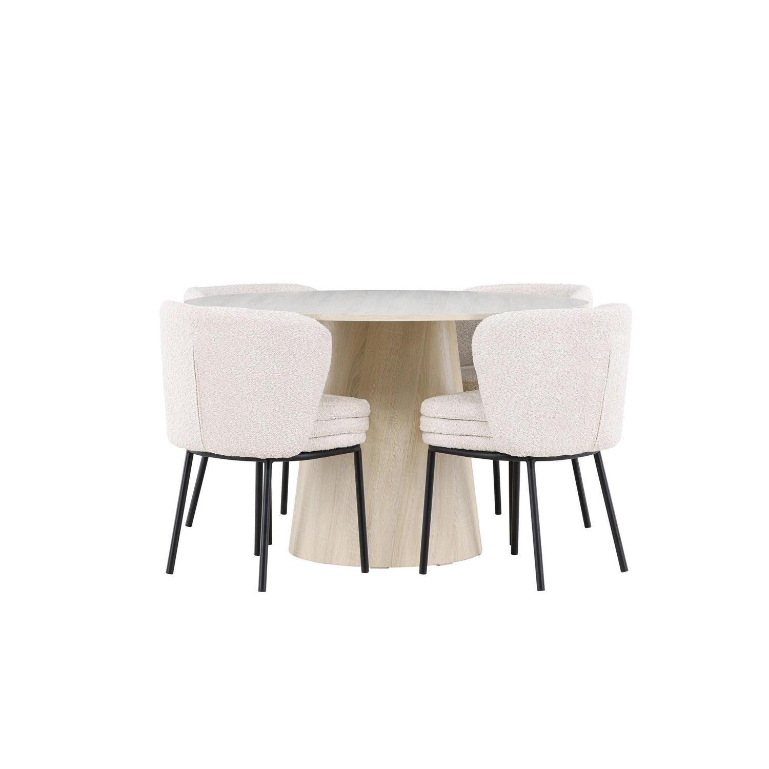 Essgruppe Esstisch Lanzo Ø120cm mit Stühlen Agnes aus Teddy-Bouclé - Beige/Weiß-Essgruppen Rund-Venture Home-le canapé