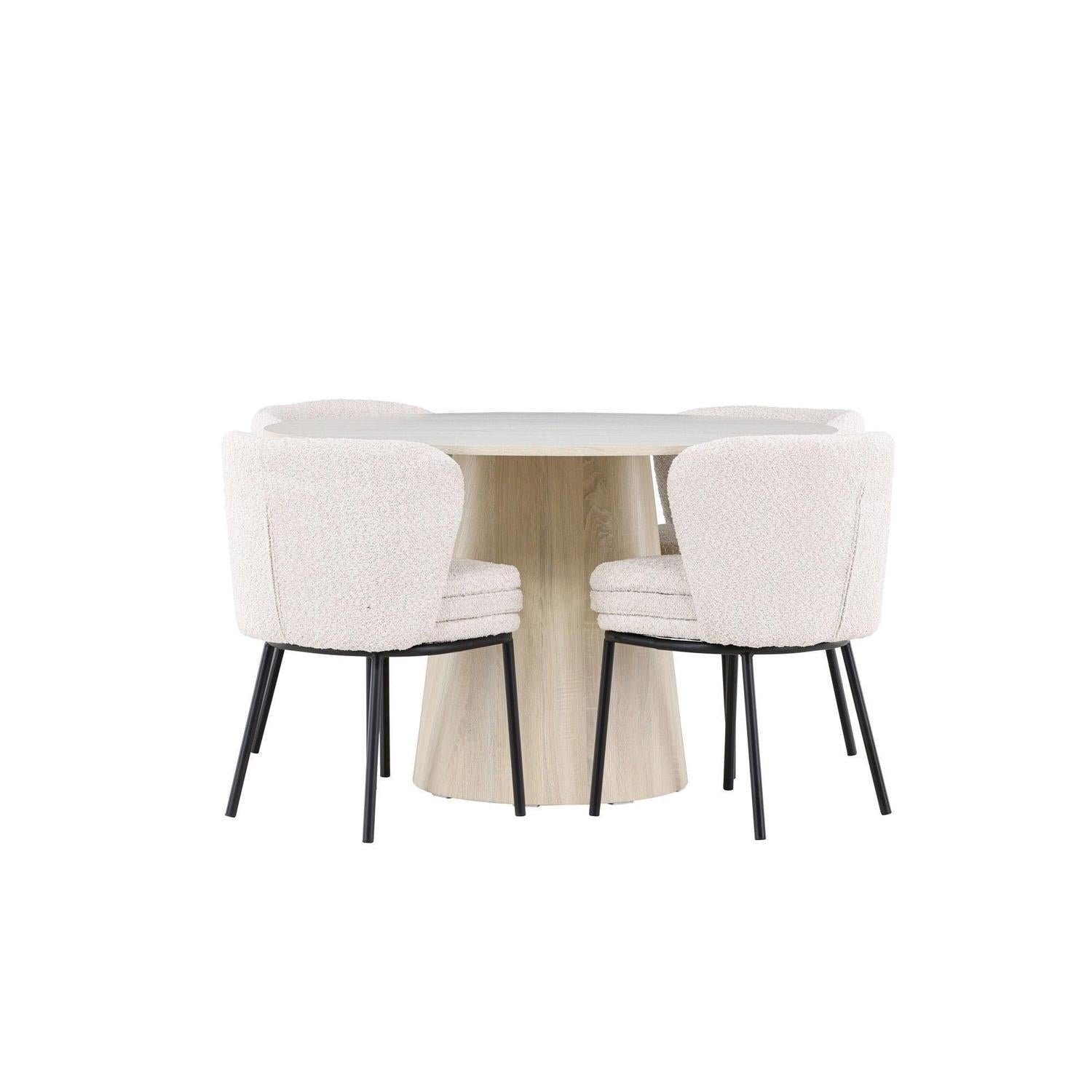 Essgruppe Esstisch Lanzo Ø120cm mit Stühlen Agnes aus Teddy-Bouclé - Beige/Weiß-Essgruppen Rund-Venture Home-le canapé