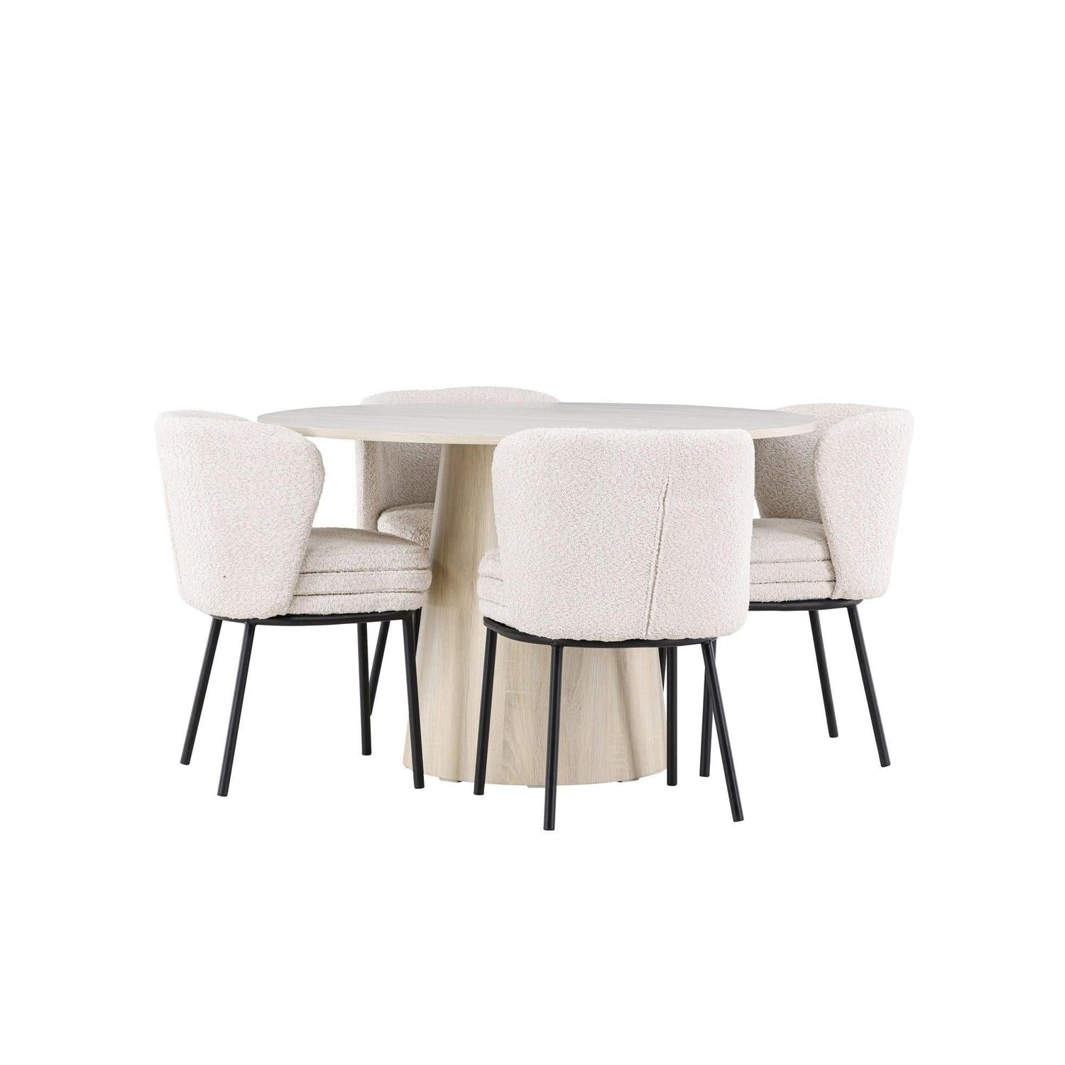 Essgruppe Esstisch Lanzo Ø120cm mit Stühlen Agnes aus Teddy-Bouclé - Beige/Weiß-Essgruppen Rund-Venture Home-le canapé