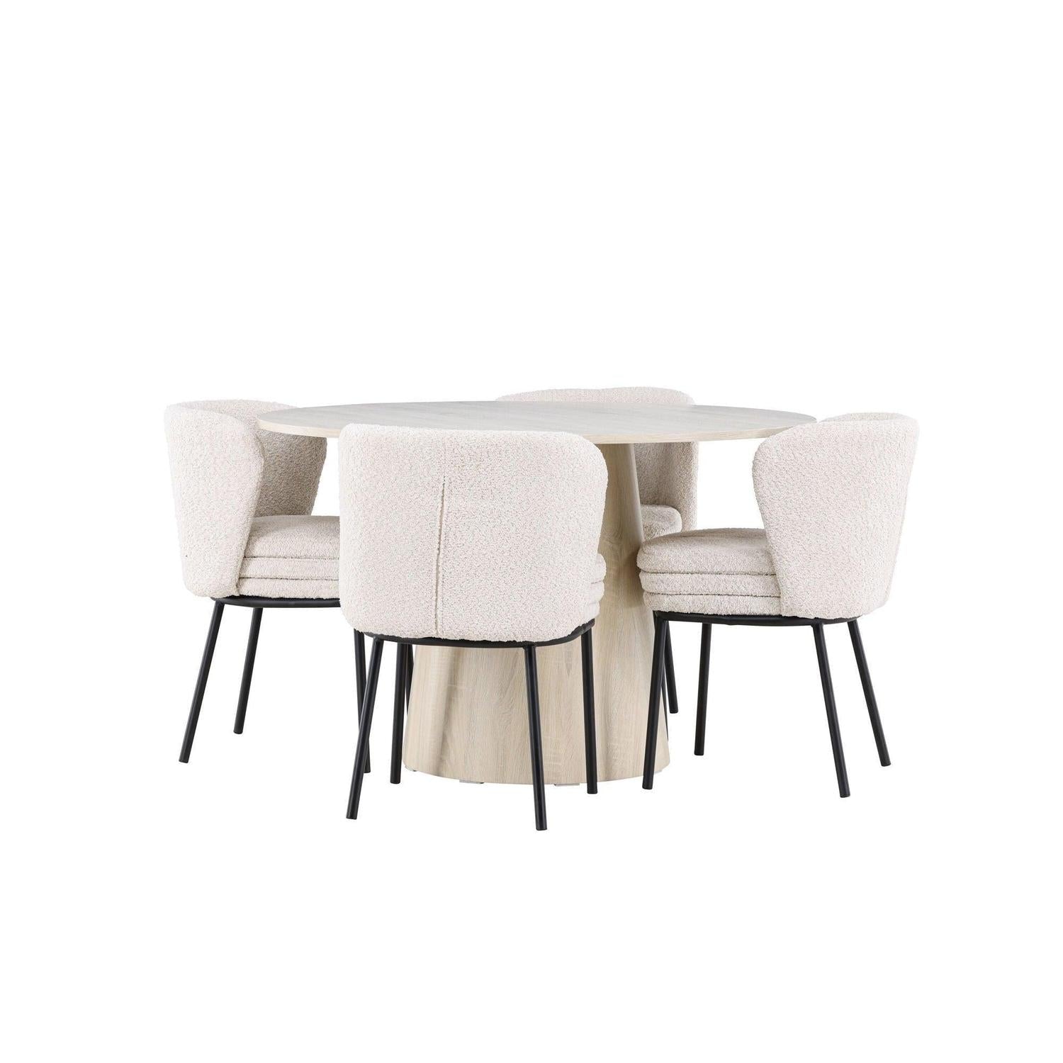 Essgruppe Esstisch Lanzo Ø120cm mit Stühlen Agnes aus Teddy-Bouclé - Beige/Weiß-Essgruppen Rund-Venture Home-le canapé