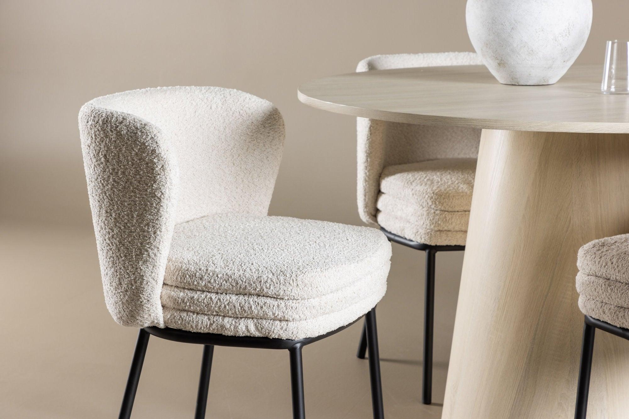 Essgruppe Esstisch Lanzo Ø120cm mit Stühlen Agnes aus Teddy-Bouclé - Beige/Weiß-Essgruppen Rund-Venture Home-le canapé