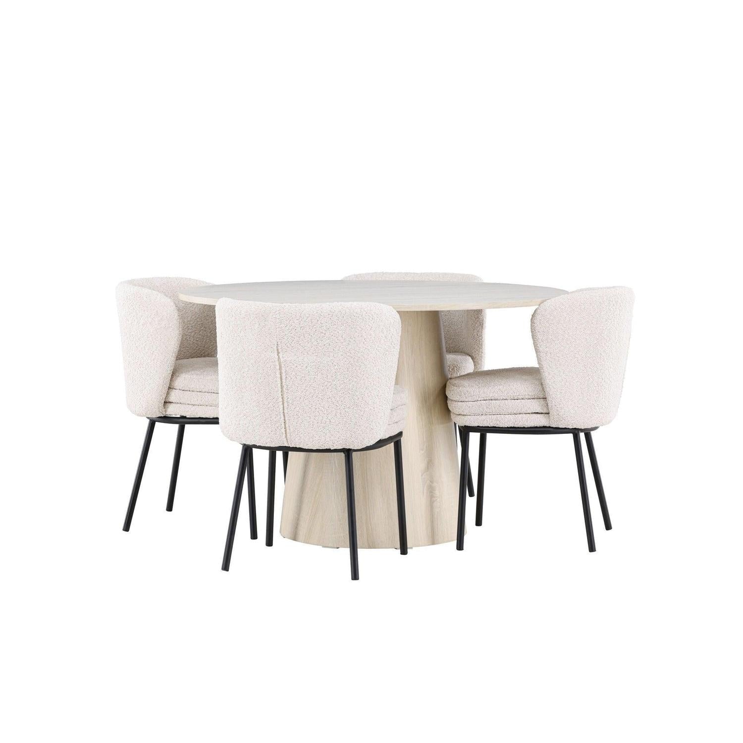 Essgruppe Esstisch Lanzo Ø120cm mit Stühlen Agnes aus Teddy-Bouclé - Beige/Weiß-Essgruppen Rund-Venture Home-le canapé