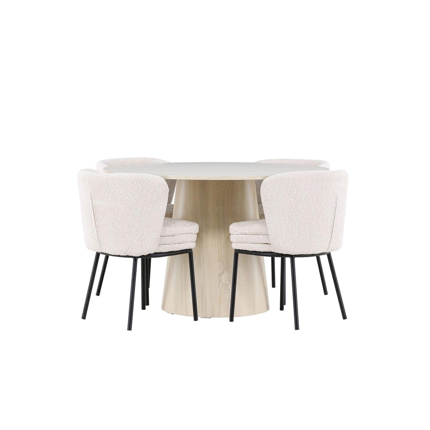 Essgruppe Esstisch Lanzo Ø120cm mit Stühlen Agnes aus Teddy-Bouclé - Beige/Weiß-Essgruppen Rund-Venture Home-le canapé