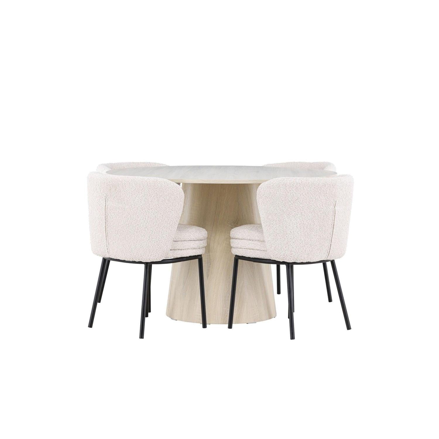 Essgruppe Esstisch Lanzo Ø120cm mit Stühlen Agnes aus Teddy-Bouclé - Beige/Weiß-Essgruppen Rund-Venture Home-le canapé
