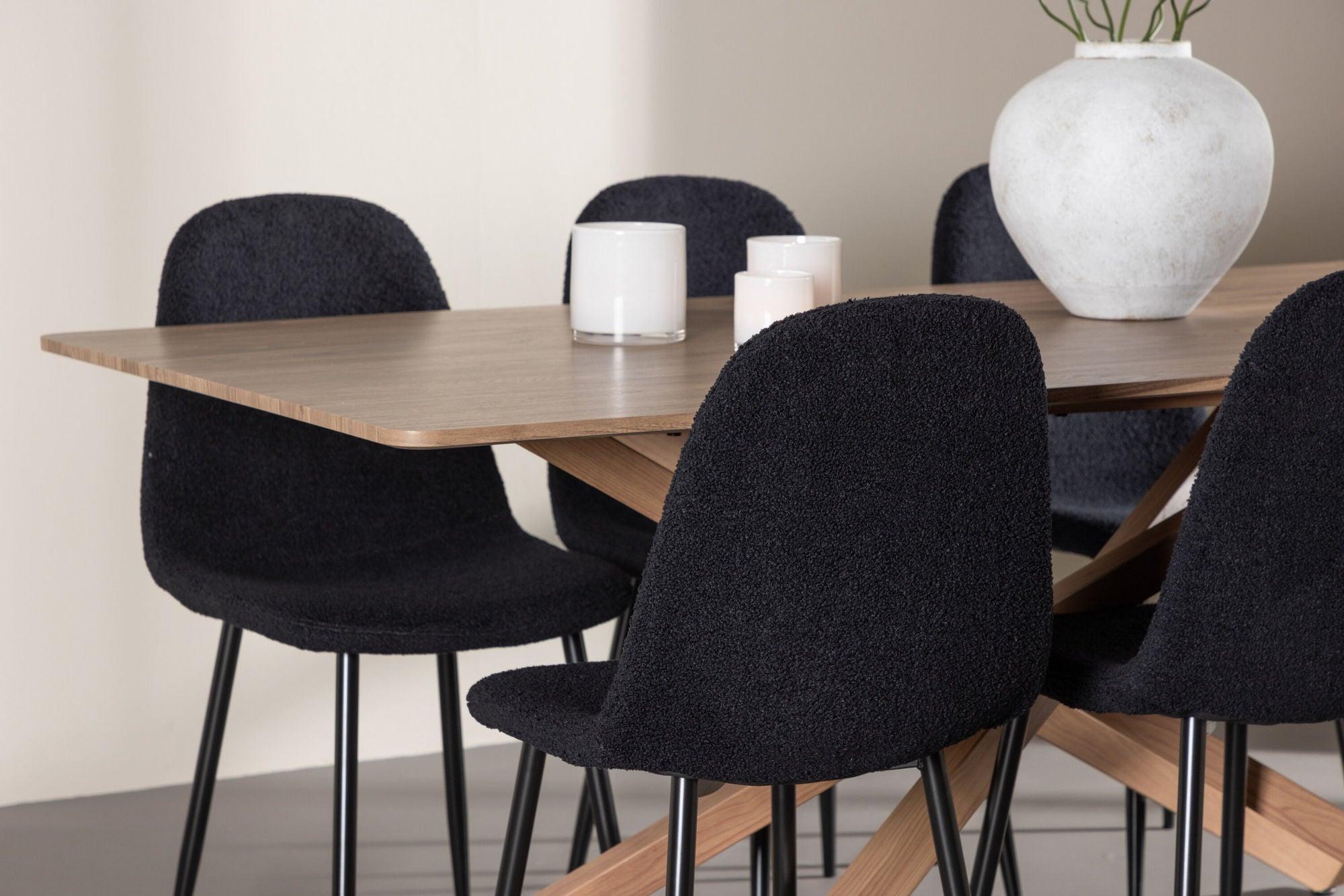 Essgruppe Esstisch Piazza 180*90 cm mit Stühlen Polar aus Teddy-Bouclé - Mokka/Schwarz-Essgruppe Rechteckig-Venture Home-le canapé