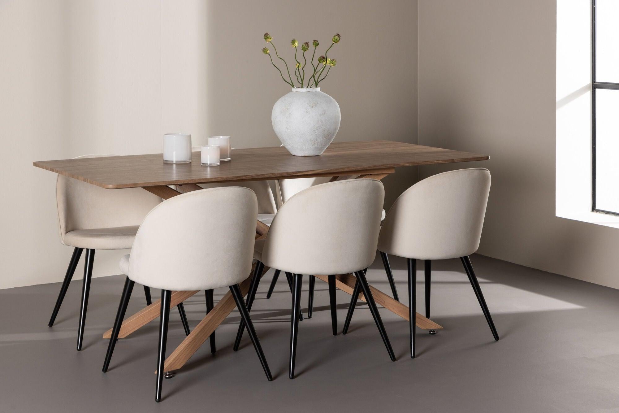 Essgruppe Esstisch Piazza 180*90 cm mit Stühlen Velvet aus Samt - Braun/Beige-Essgruppen Rechteckig-Venture Home-le canapé
