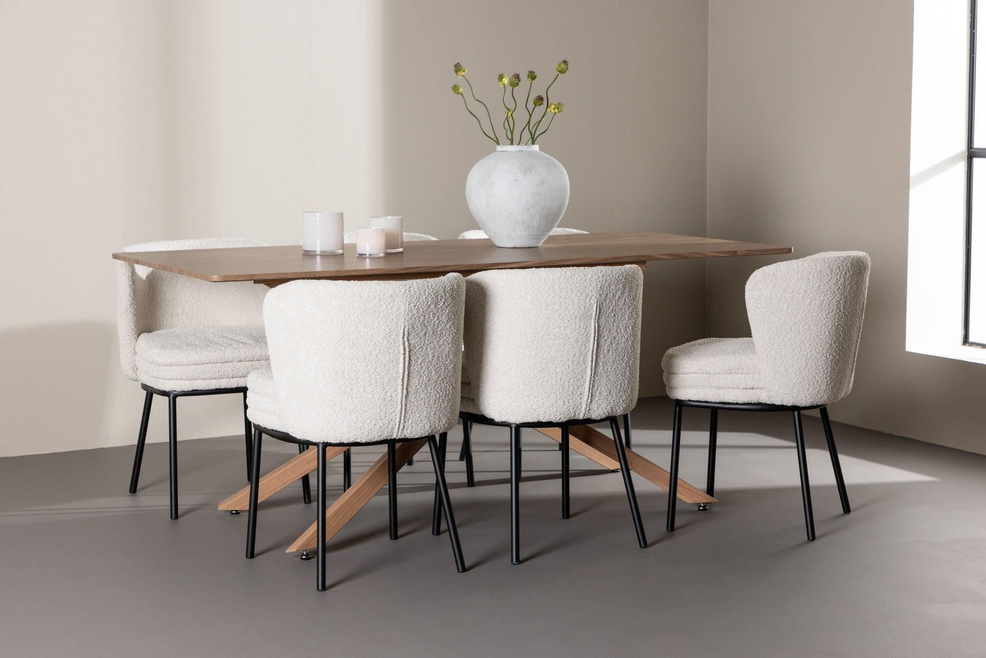 Essgruppe Esstisch Piazza 180*90cm mit Stühlen Agnes aus Teddy- Bouclé - Braun/Weiß-Essgruppen Rechteckig-Venture Home-le canapé