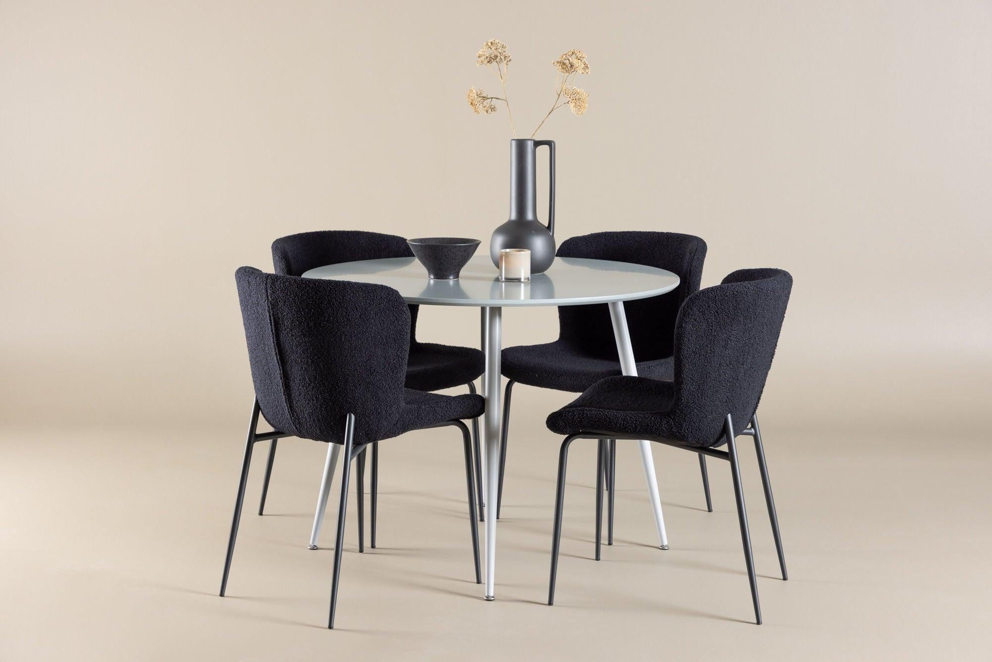Essgruppe Esstisch Plaza rund ø100cm mit Stühlen Modesto aus Teddy-Bouclé-Essgruppen Rund-Venture Home-le canapé