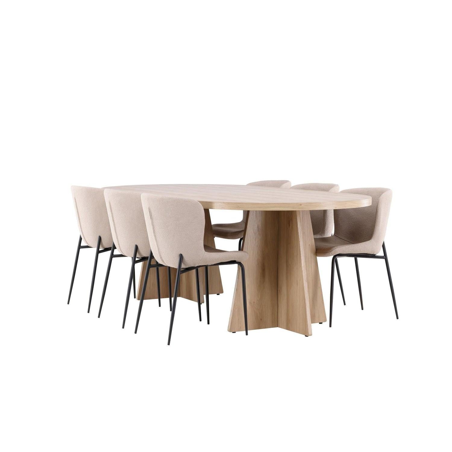 Essgruppe Tisch Bootcut 230*115cm mit Stühlen Modesto aus Teddy-Bouclé - Hellbraun/Beige-Essgruppe Oval-Venture Home-le canapé