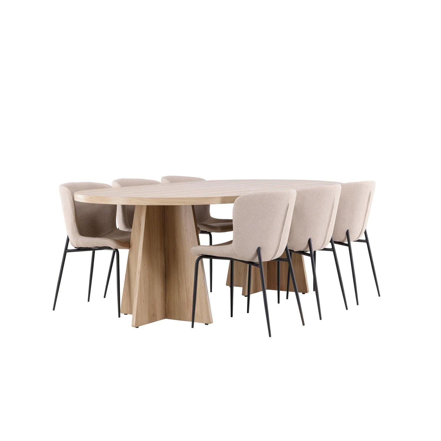 Essgruppe Tisch Bootcut 230*115cm mit Stühlen Modesto aus Teddy-Bouclé - Hellbraun/Beige-Essgruppe Oval-Venture Home-le canapé