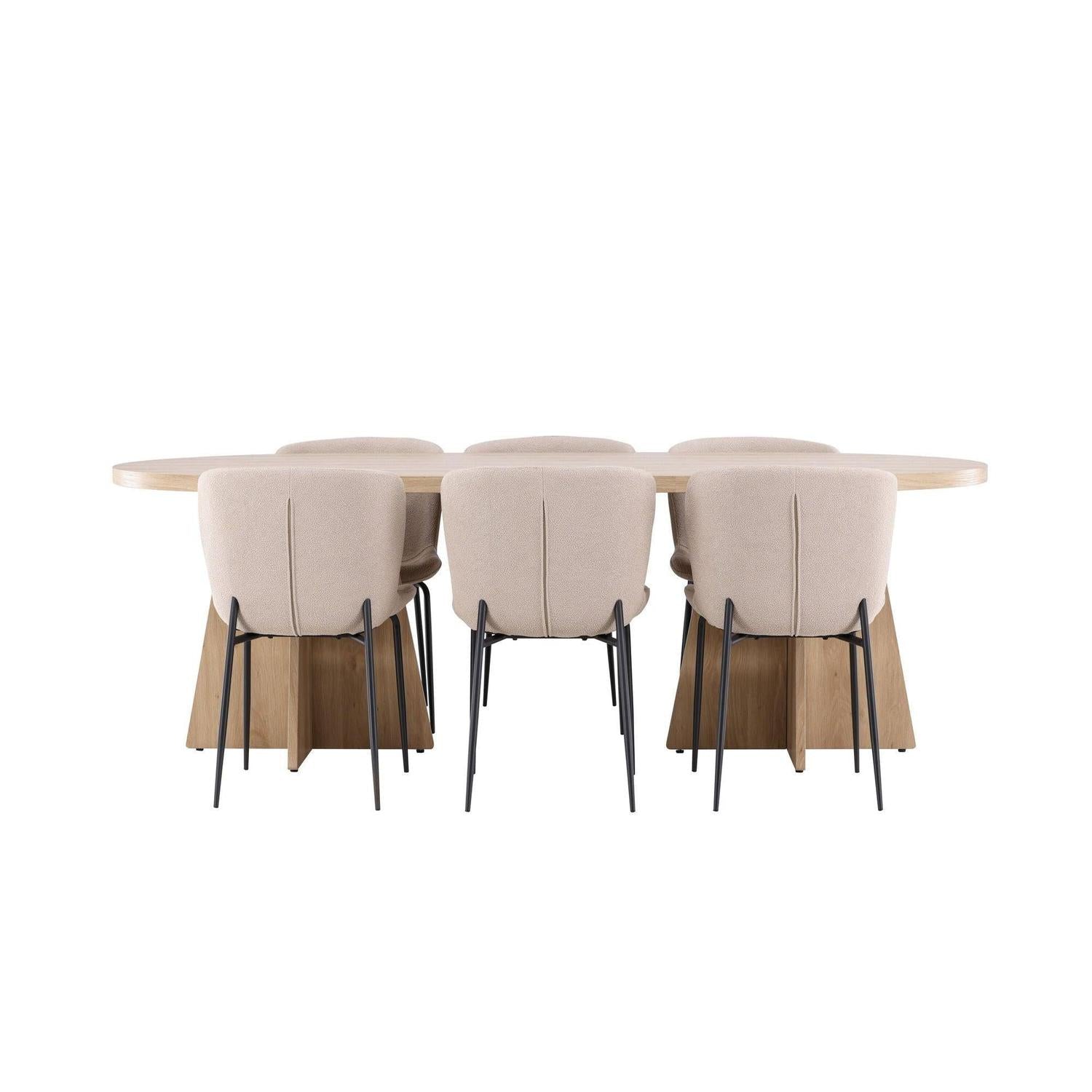 Essgruppe Tisch Bootcut 230*115cm mit Stühlen Modesto aus Teddy-Bouclé - Hellbraun/Beige-Essgruppe Oval-Venture Home-le canapé