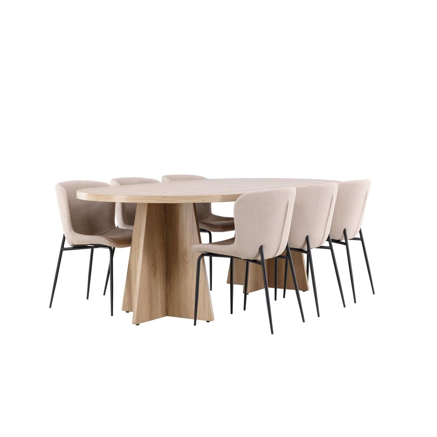 Essgruppe Tisch Bootcut 230*115cm mit Stühlen Modesto aus Teddy-Bouclé - Hellbraun/Beige-Essgruppe Oval-Venture Home-le canapé