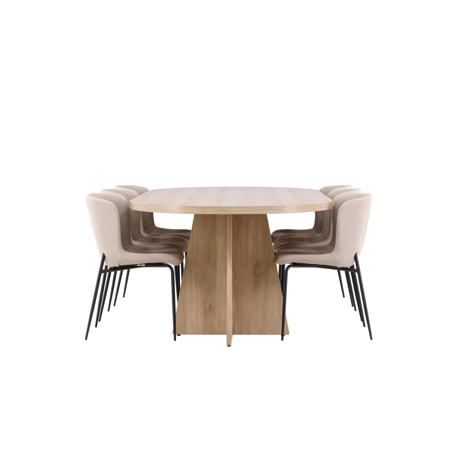 Essgruppe Tisch Bootcut 230*115cm mit Stühlen Modesto aus Teddy-Bouclé - Hellbraun/Beige-Essgruppe Oval-Venture Home-le canapé