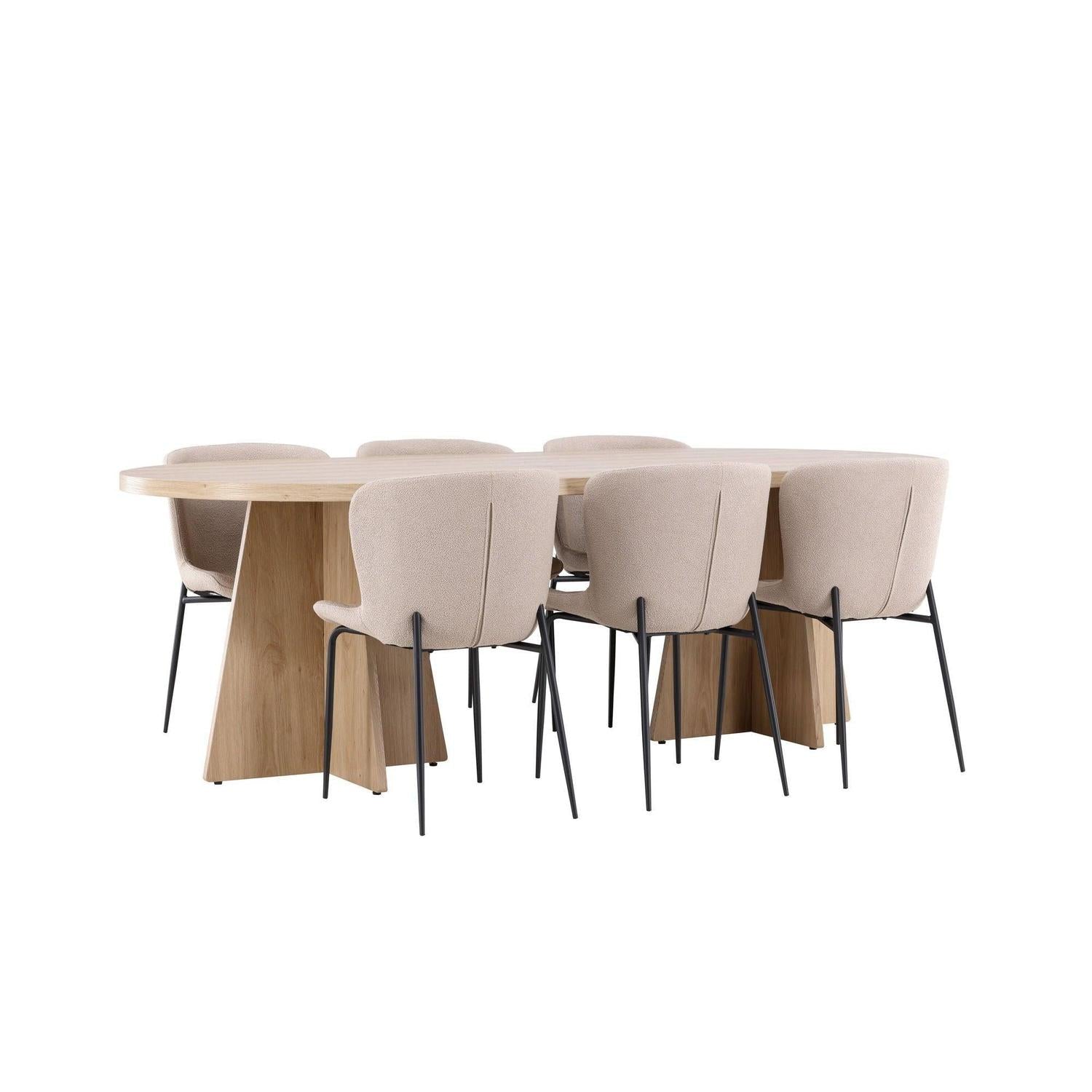 Essgruppe Tisch Bootcut 230*115cm mit Stühlen Modesto aus Teddy-Bouclé - Hellbraun/Beige-Essgruppen Oval-Venture Home-le canapé