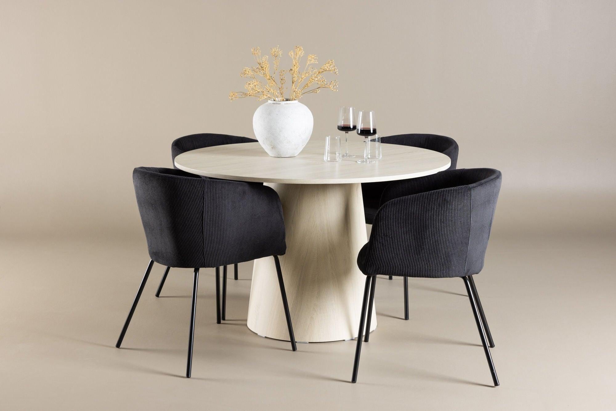 Essgruppe Tisch Lanzo Ø120cm mit Stühlen Berit aus Kord - Beige/Schwarz-Essgruppen Rund-Venture Home-le canapé