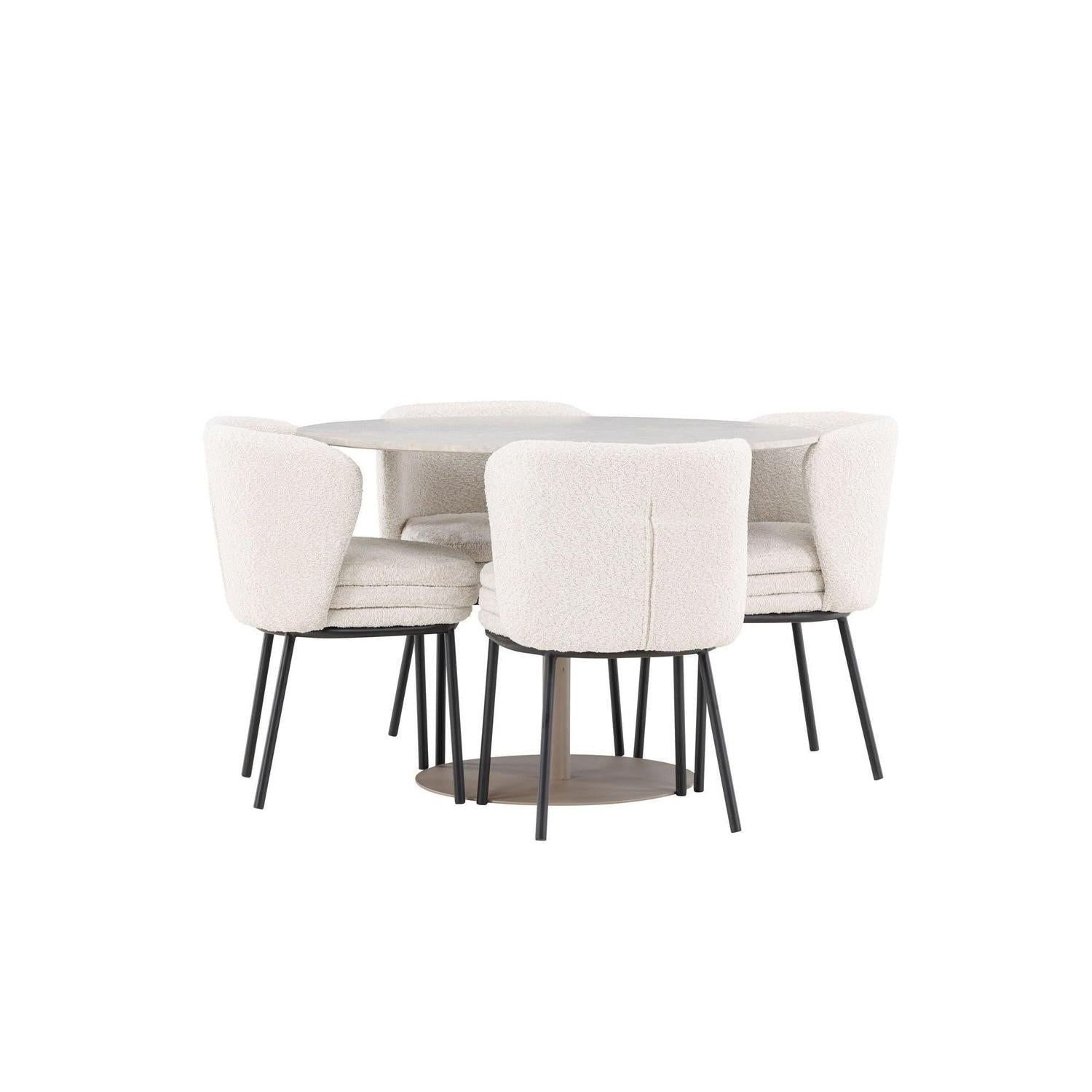 Essgruppe Tisch Lycke rund 110cm mit Stühlen Agnes aus Teddy-Bouclé-Essgruppe Rund-Venture Home-le canapé