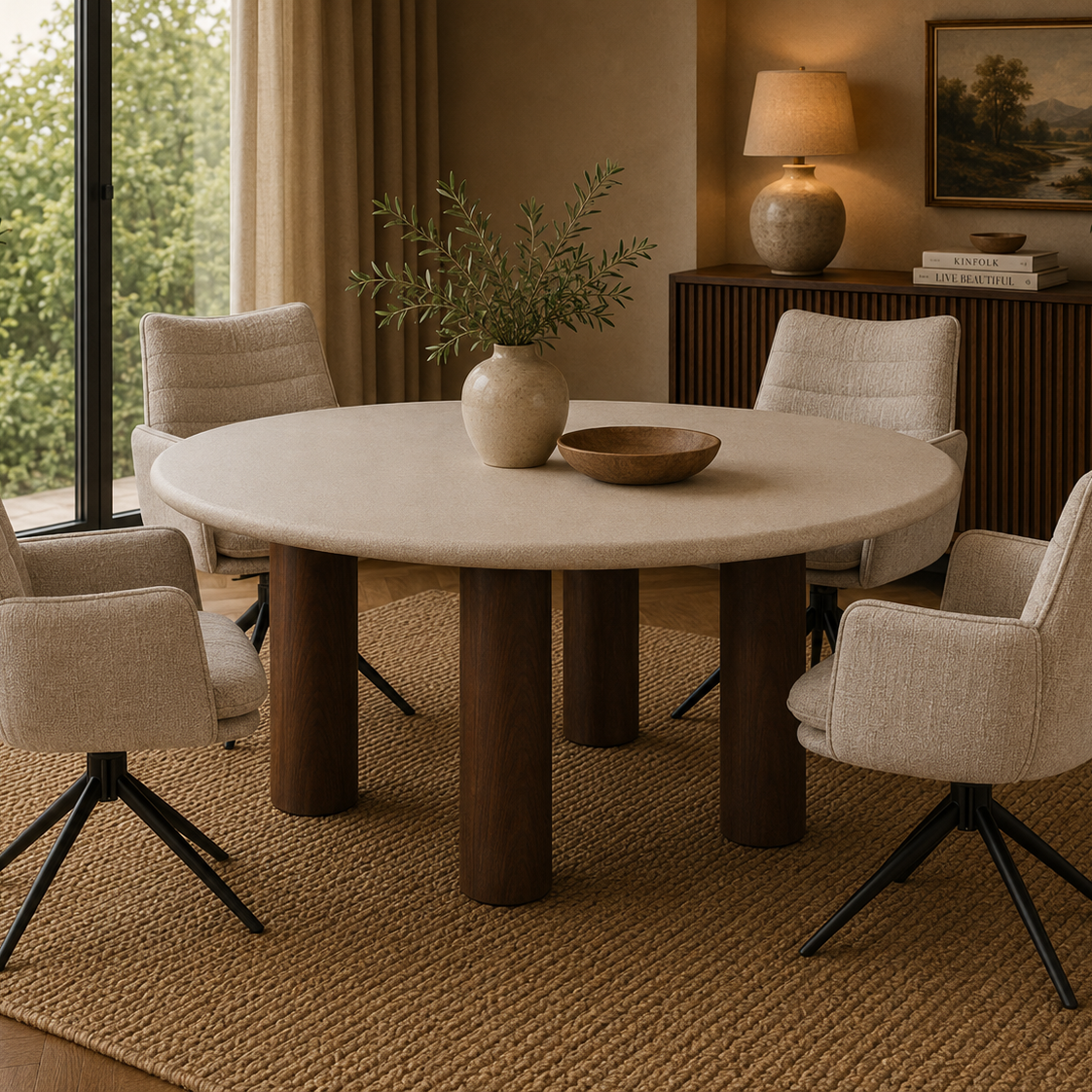 Esstisch Japandi Ø140cm in Betonoptik - Beige/Braun-Esstische Rund-Pole to Pole-le canapé