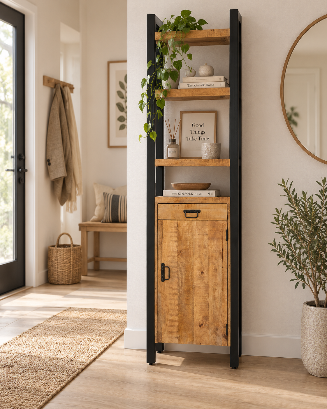 Highboard Britt mit Schublade und Tür aus Mangoholz 200cm - Hellbraun-Highboards-Benoa-le canapé