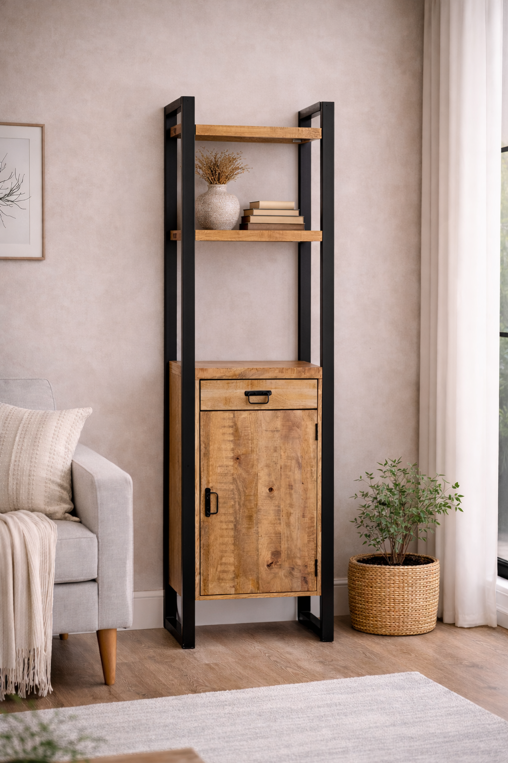 Highboard Britt mit Schublade und Tür aus Mangoholz 200cm - Hellbraun-Highboards-Benoa-le canapé