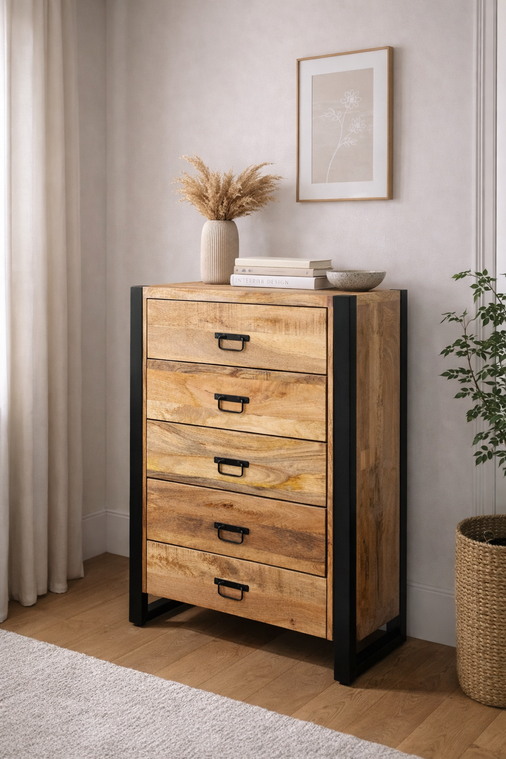Kommode Britt aus Mangoholz mit 5 Schubladen 120cm - Hellbraun-Kommoden-Benoa-le canapé