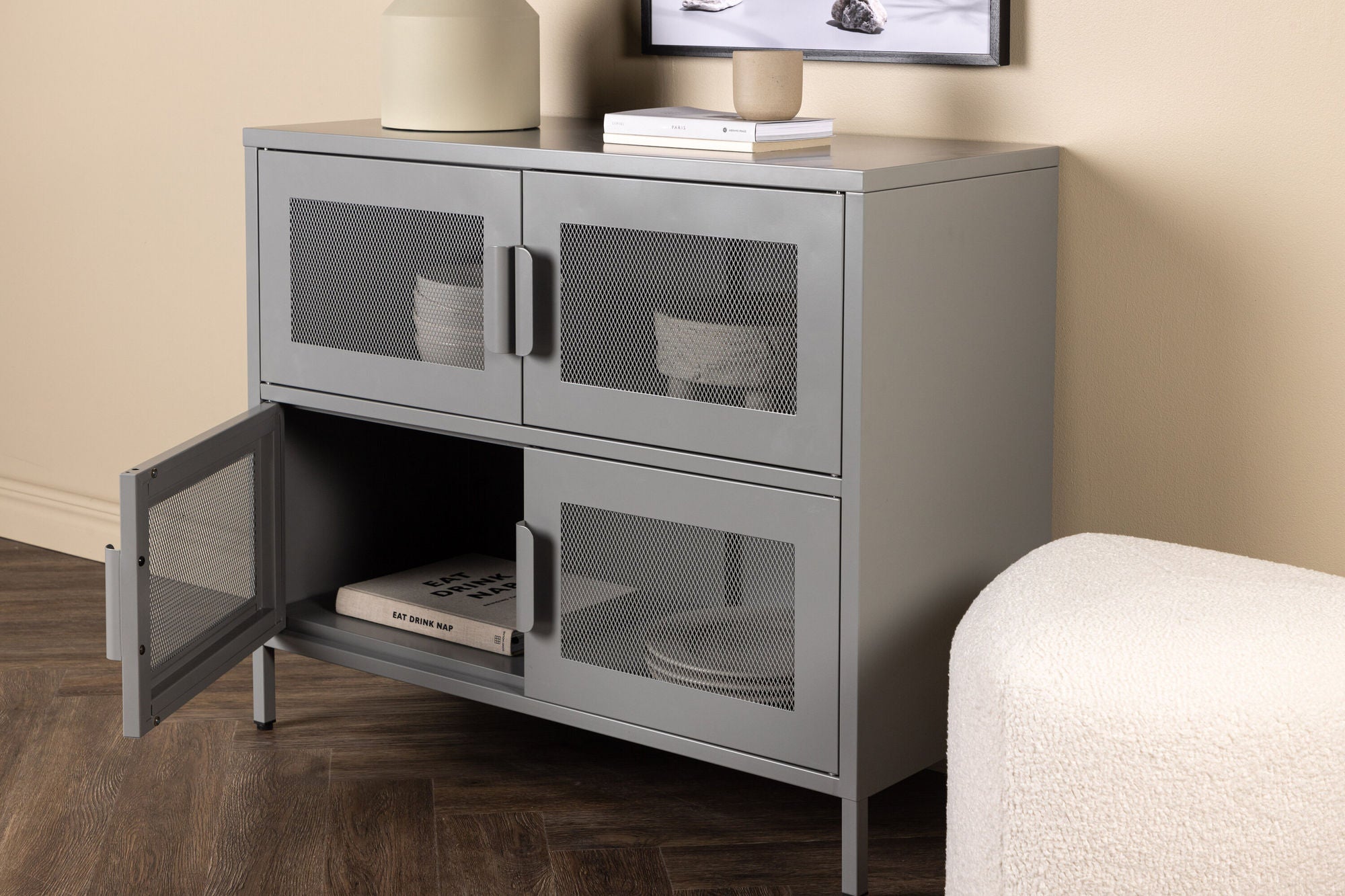 Kommode Nett 90cm mit Gittertüren - Hellgrau-Kommoden-Venture Home-le canapé