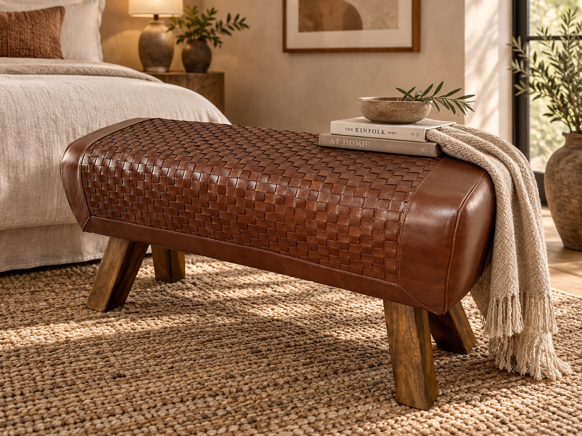 Lederbock Loui mit geflochtenem Büffelleder - Braun-Bänke-Trademark Living-le canapé