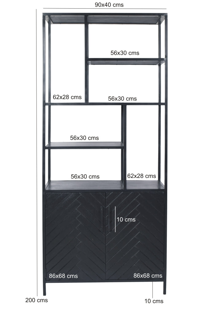 Regal York 210cm aus Massivholz mit Fischgrätmuster - Schwarz-Regale-Livingfurn-le canapé