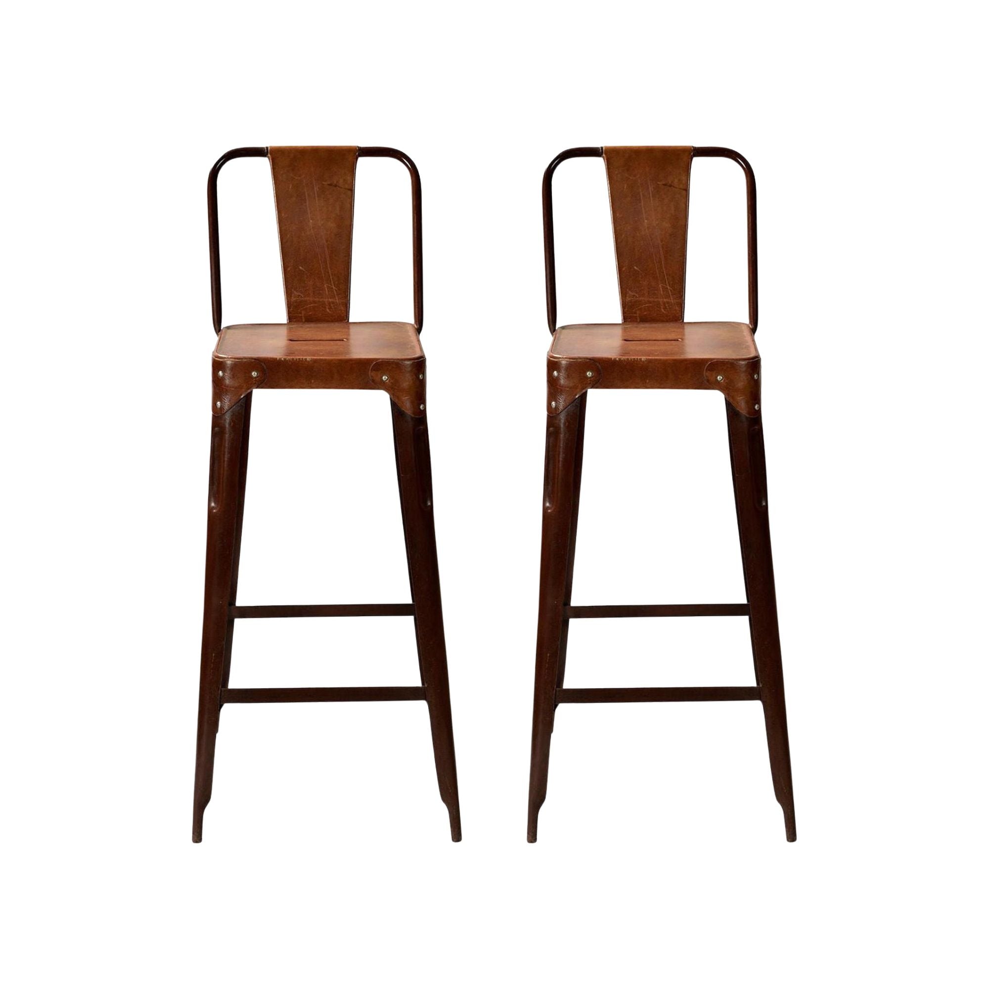 2er-Set Barhocker Copenhagen aus Eisen mit Ledersitz- Braun