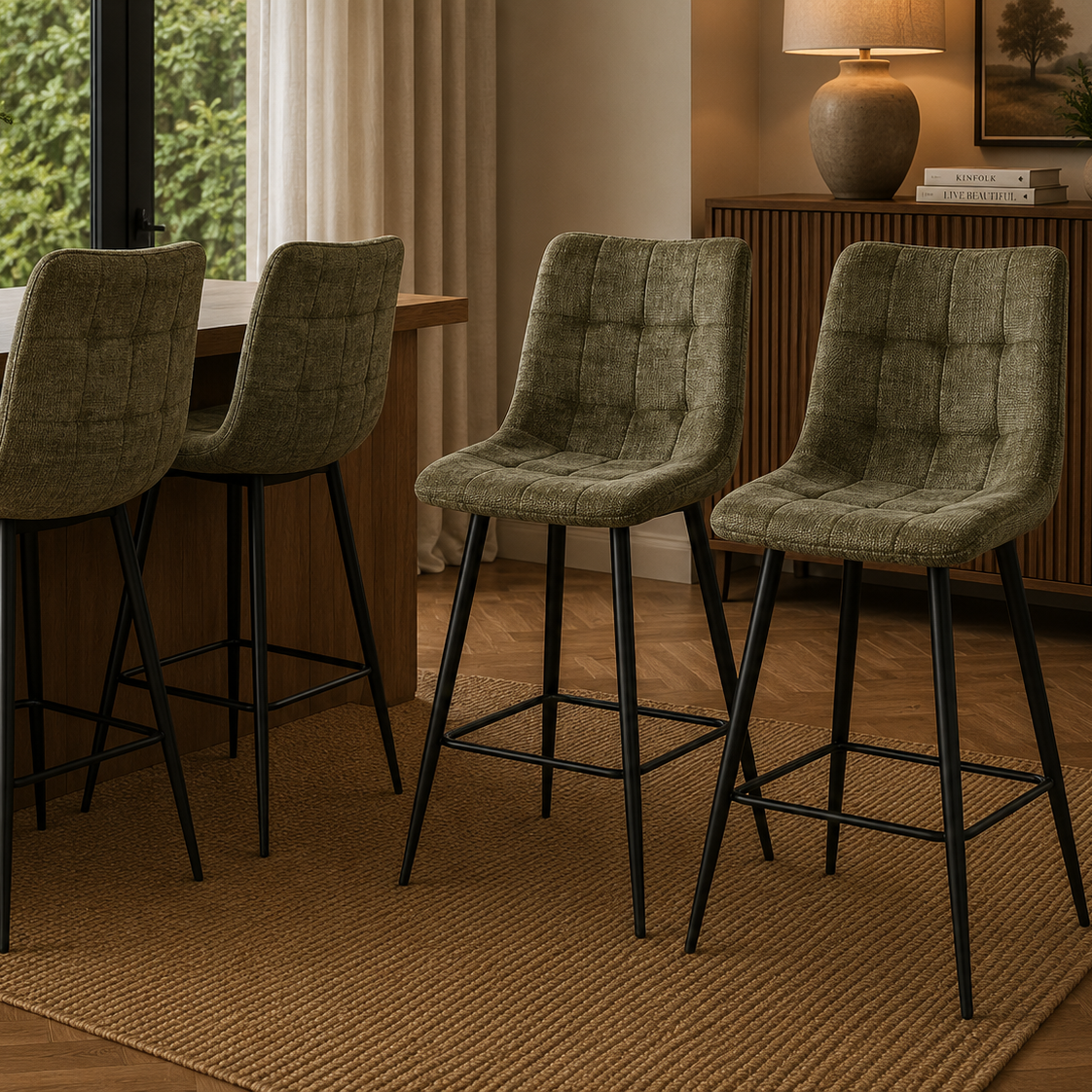 4er-Set Barhocker Lucille aus Chenille - Dunkelgrün-Barhocker-Benoa-le canapé