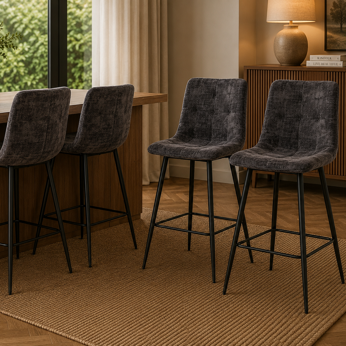 4er-Set Barhocker Lucille aus Chenille - Petrol-Barhocker-Benoa-le canapé