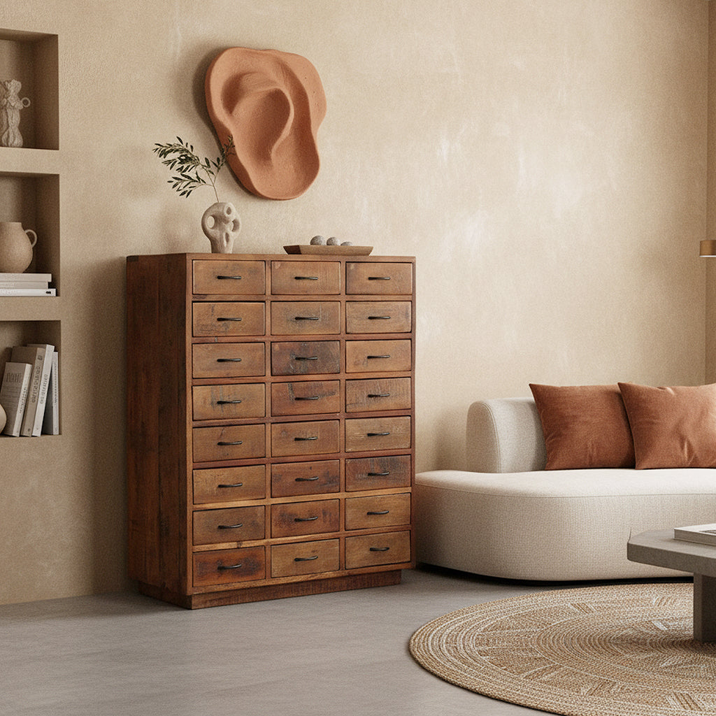 Schubladenkommode Factory 80cm aus Massivholz mit 24 Schubladen - Braun