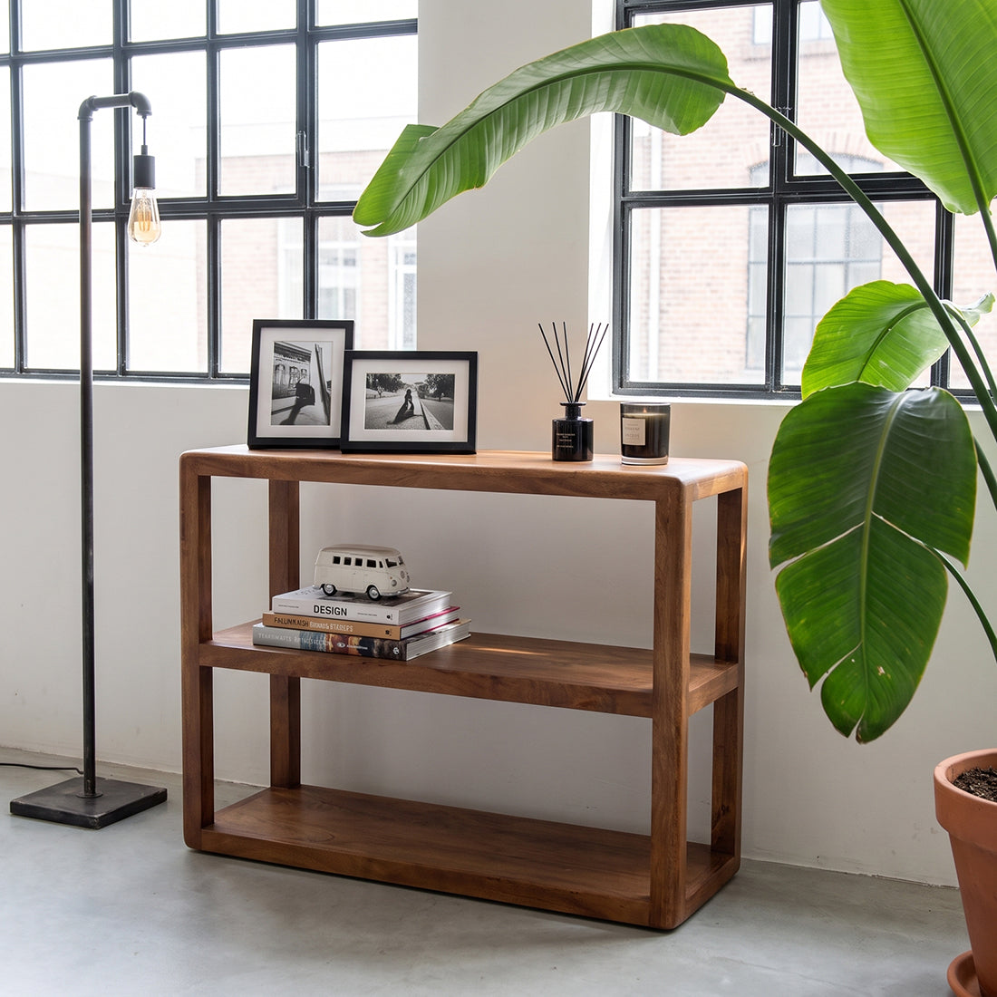 Regal Bullnose 100cm aus Massivholz mit 2 offenen Fächern - Braun